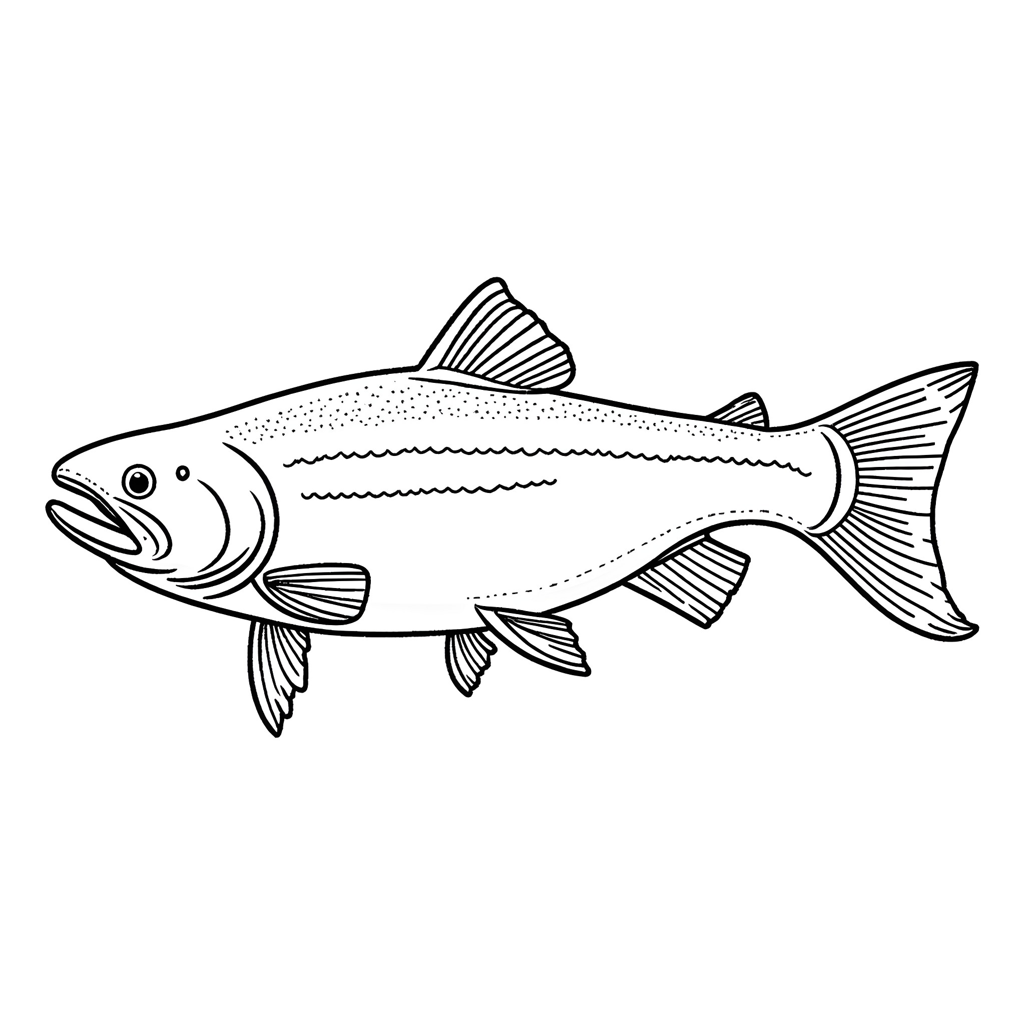 Salmon swimming in the water Coloring Page (free black-and-white line drawing printable PDF for all, from beginners to advanced learners, including children, teens, adults, and seniors)