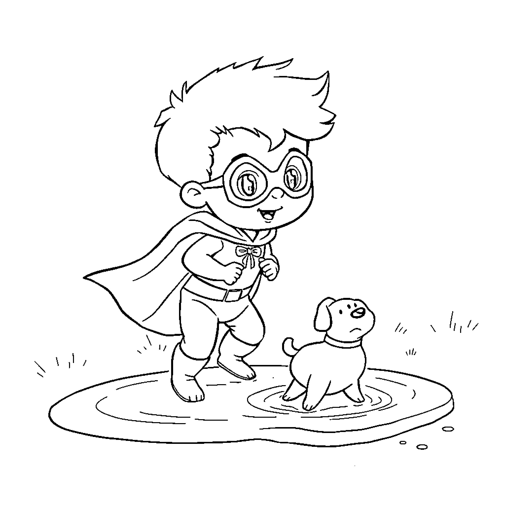 Super Baby Playing with Puppy in the Park Coloring Page (free black-and-white line drawing printable PDF for all, from beginners to advanced learners, including children, teens, adults, and seniors)