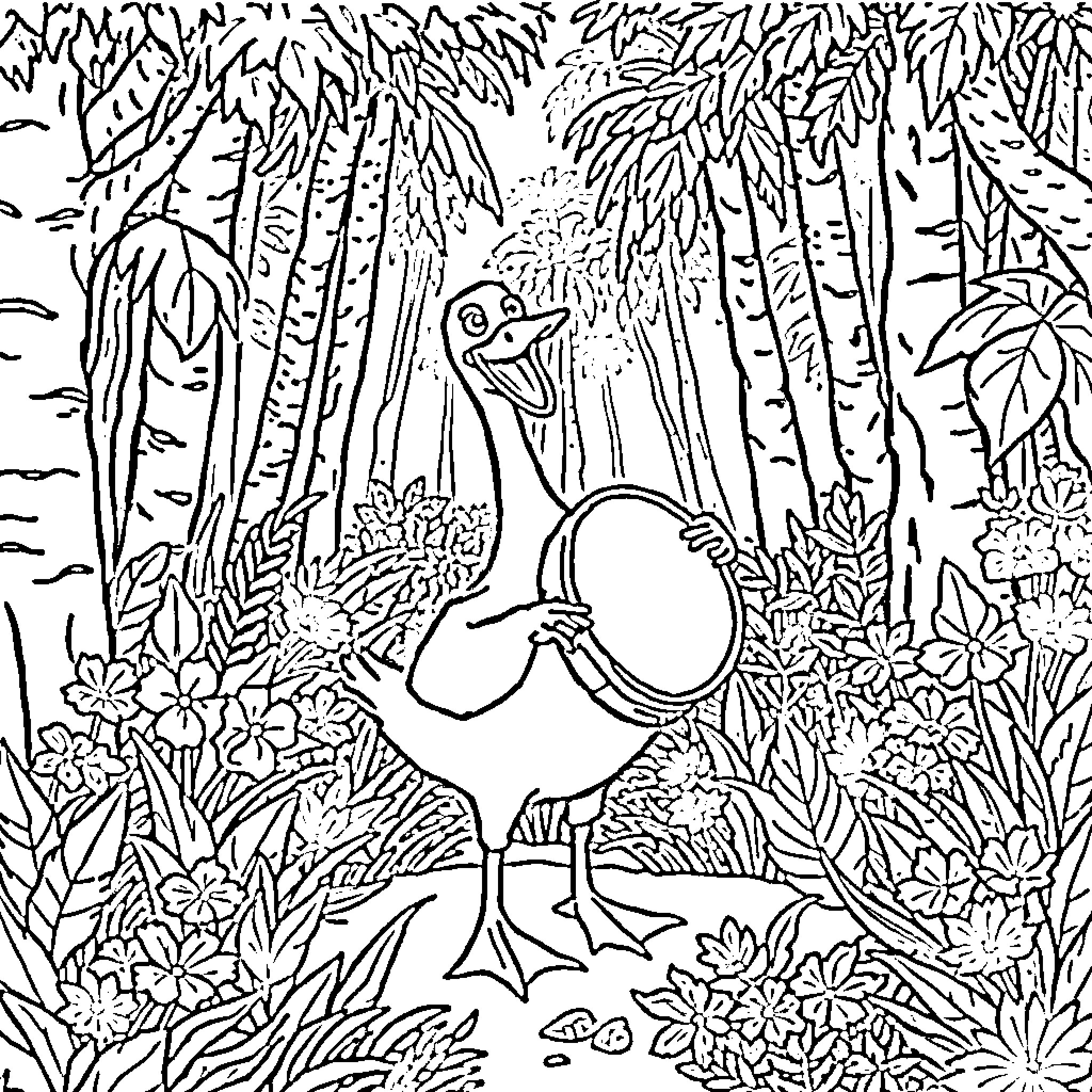 Goose enjoying nature in the forest Coloring Page (free black-and-white line drawing printable PDF for all, from beginners to advanced learners, including children, teens, adults, and seniors)