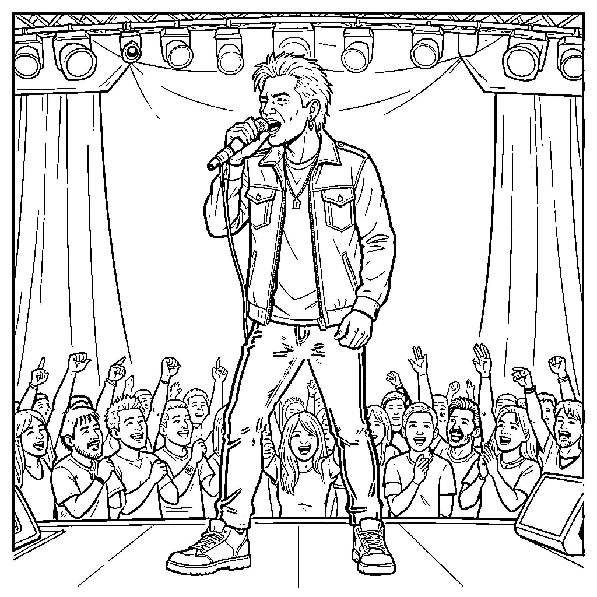 Fred Durst singing passionately on stage before a crowd Coloring Page (free black-and-white line drawing printable PDF for all, from beginners to advanced learners, including children, teens, adults, and seniors)