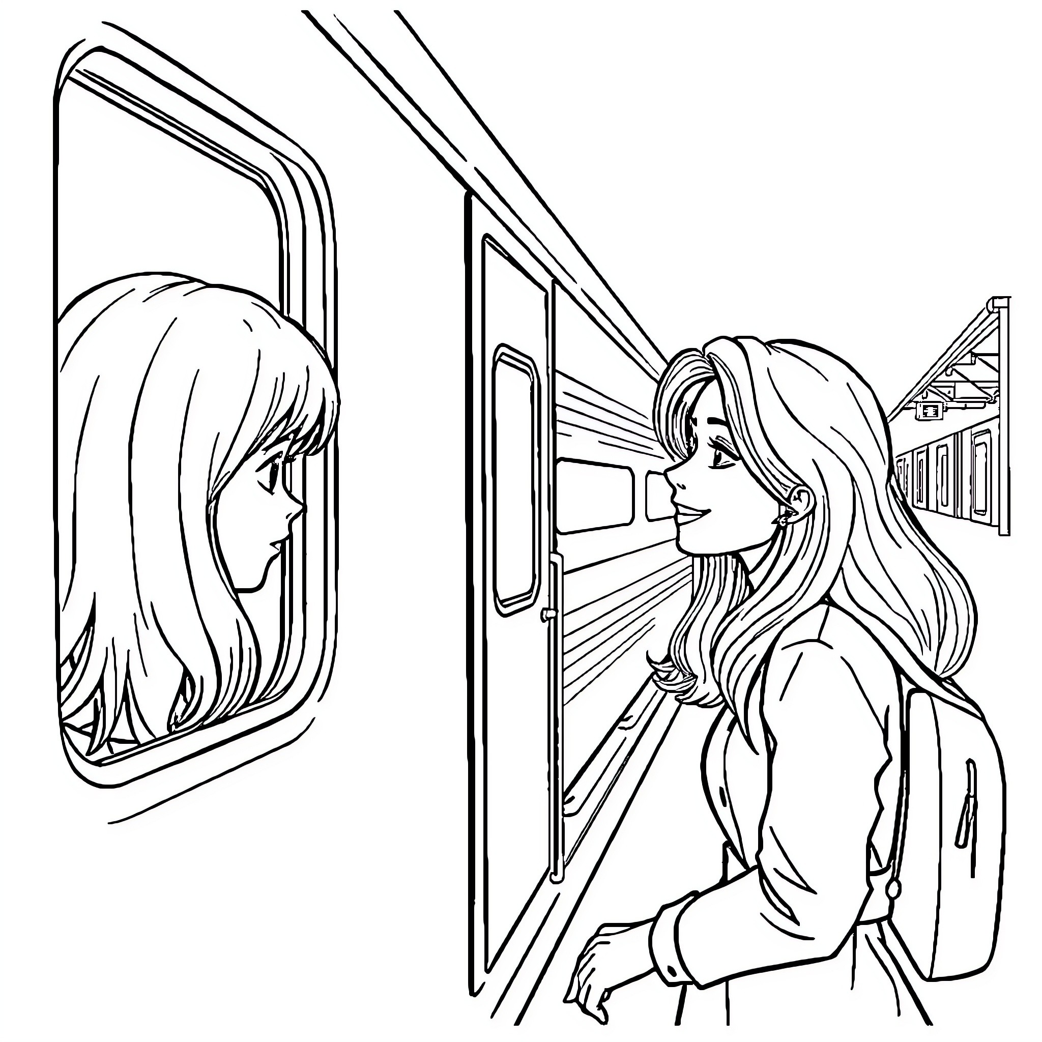 Fille looking out of the train window Coloring Page (free black-and-white line drawing printable PDF for all, from beginners to advanced learners, including children, teens, adults, and seniors)