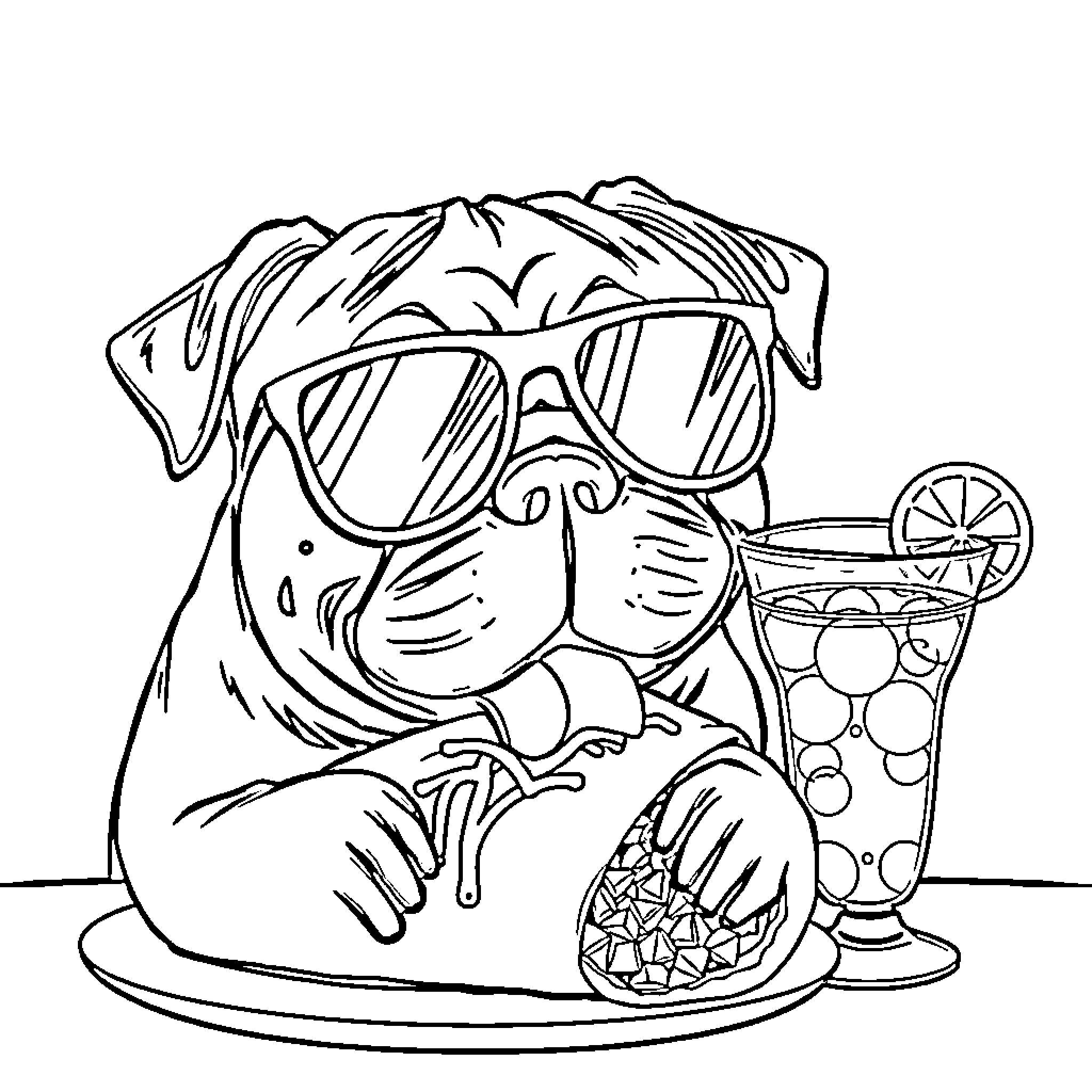 Pug enjoying a refreshing summer cocktail Coloring Page (free black-and-white line drawing printable PDF for all, from beginners to advanced learners, including children, teens, adults, and seniors)
