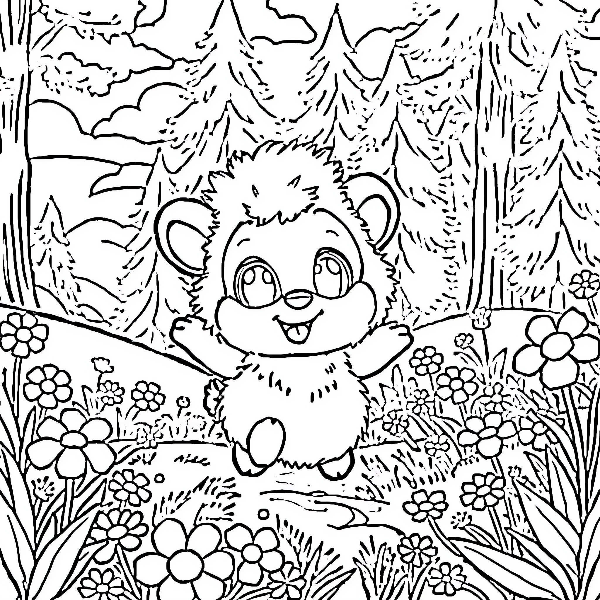 Labubu's Joyful Woodland Adventure Coloring Page (free black-and-white line drawing printable PDF for all, from beginners to advanced learners, including children, teens, adults, and seniors)
