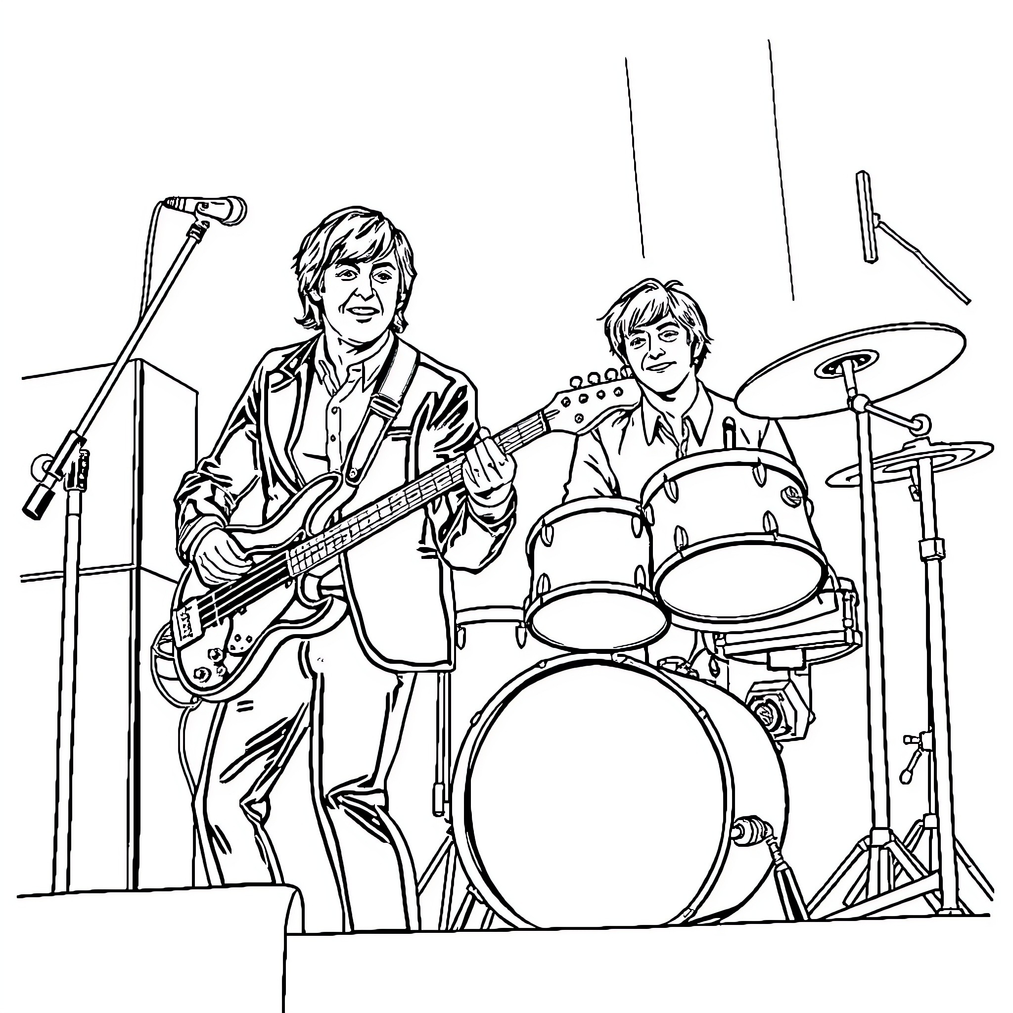 Paul McCartney and Bandmate Performing on Stage Coloring Page (free black-and-white line drawing printable PDF for all, from beginners to advanced learners, including children, teens, adults, and seniors)