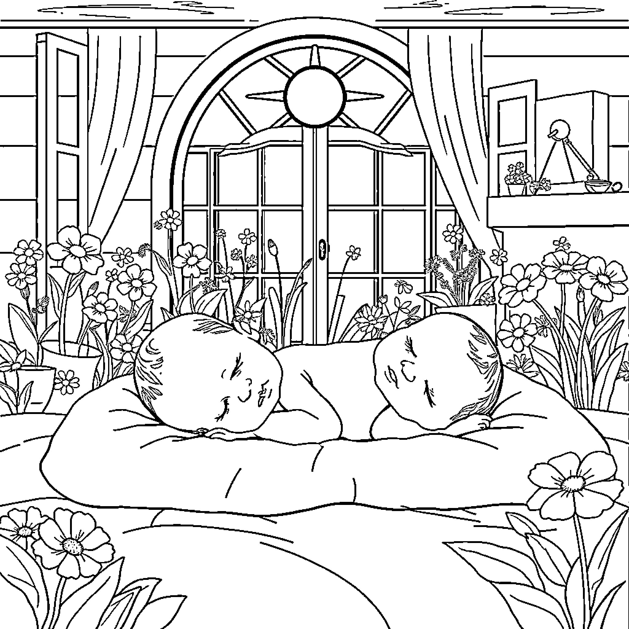 Baby sleeping in a garden with flowers Coloring Page (free black-and-white line drawing printable PDF for all, from beginners to advanced learners, including children, teens, adults, and seniors)