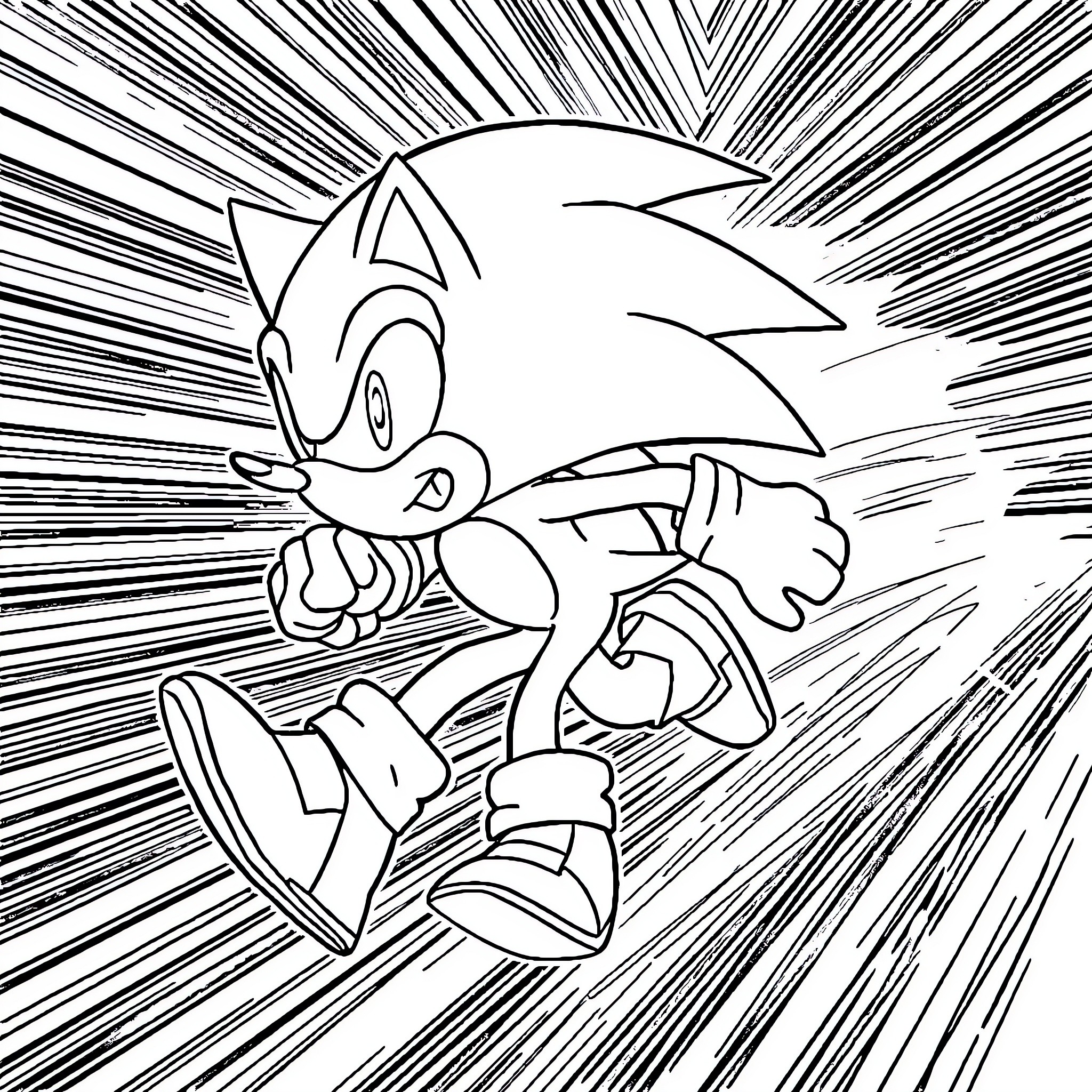 Sonic speeding through dynamic black and white lines Coloring Page (free black-and-white line drawing printable PDF for all, from beginners to advanced learners, including children, teens, adults, and seniors)