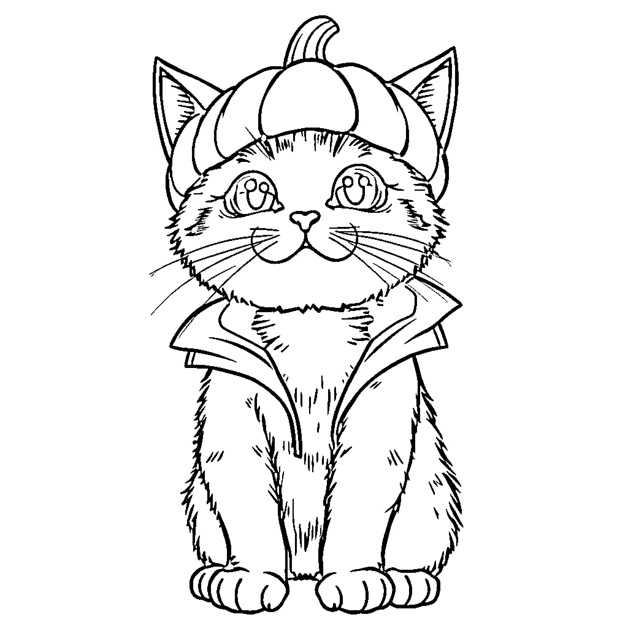 Cat wearing a funny hat and smiling Coloring Page (free black-and-white line drawing printable PDF for all, from beginners to advanced learners, including children, teens, adults, and seniors)