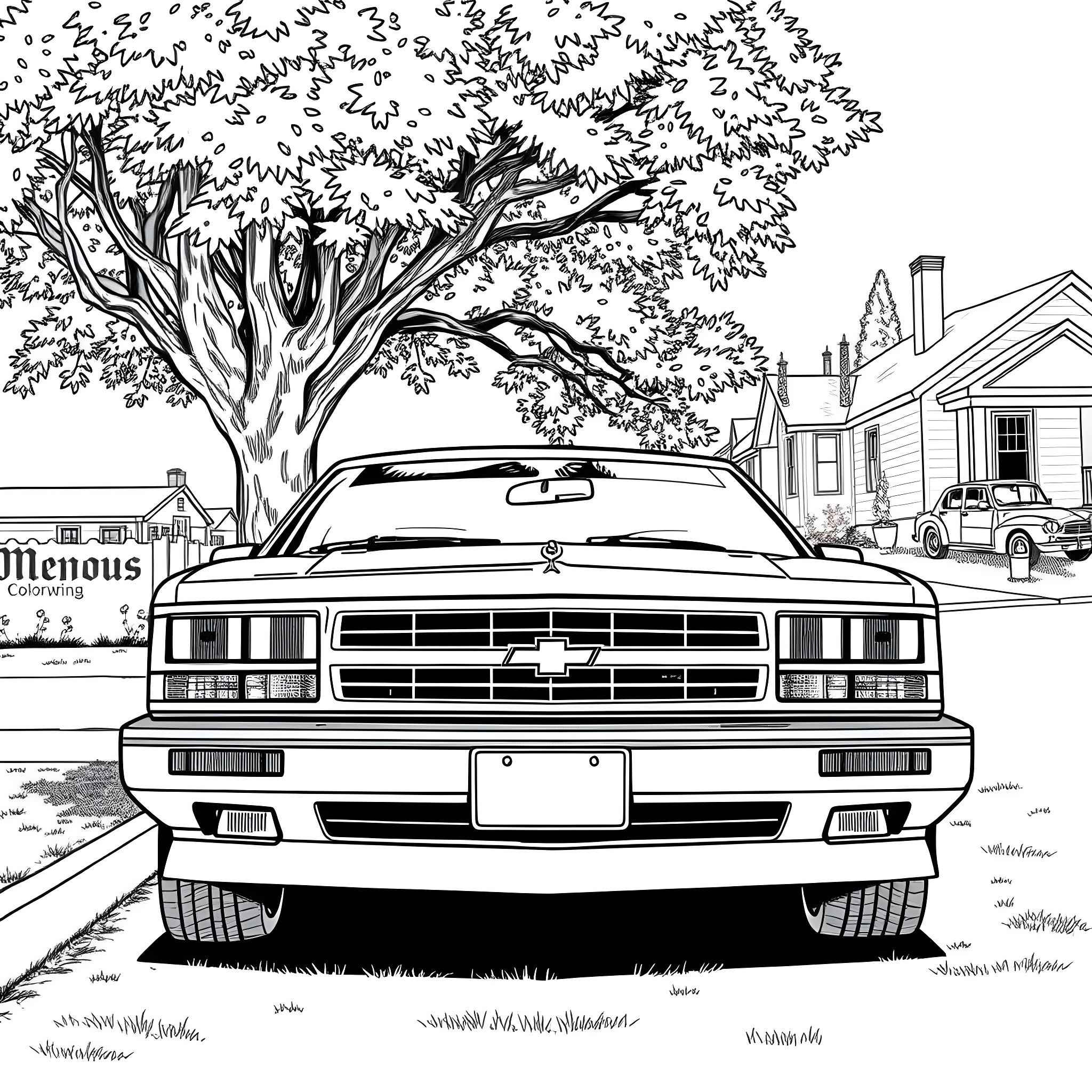 Chevy car parked on the street in a neighborhood Coloring Page (free black-and-white line drawing printable PDF for all, from beginners to advanced learners, including children, teens, adults, and seniors)