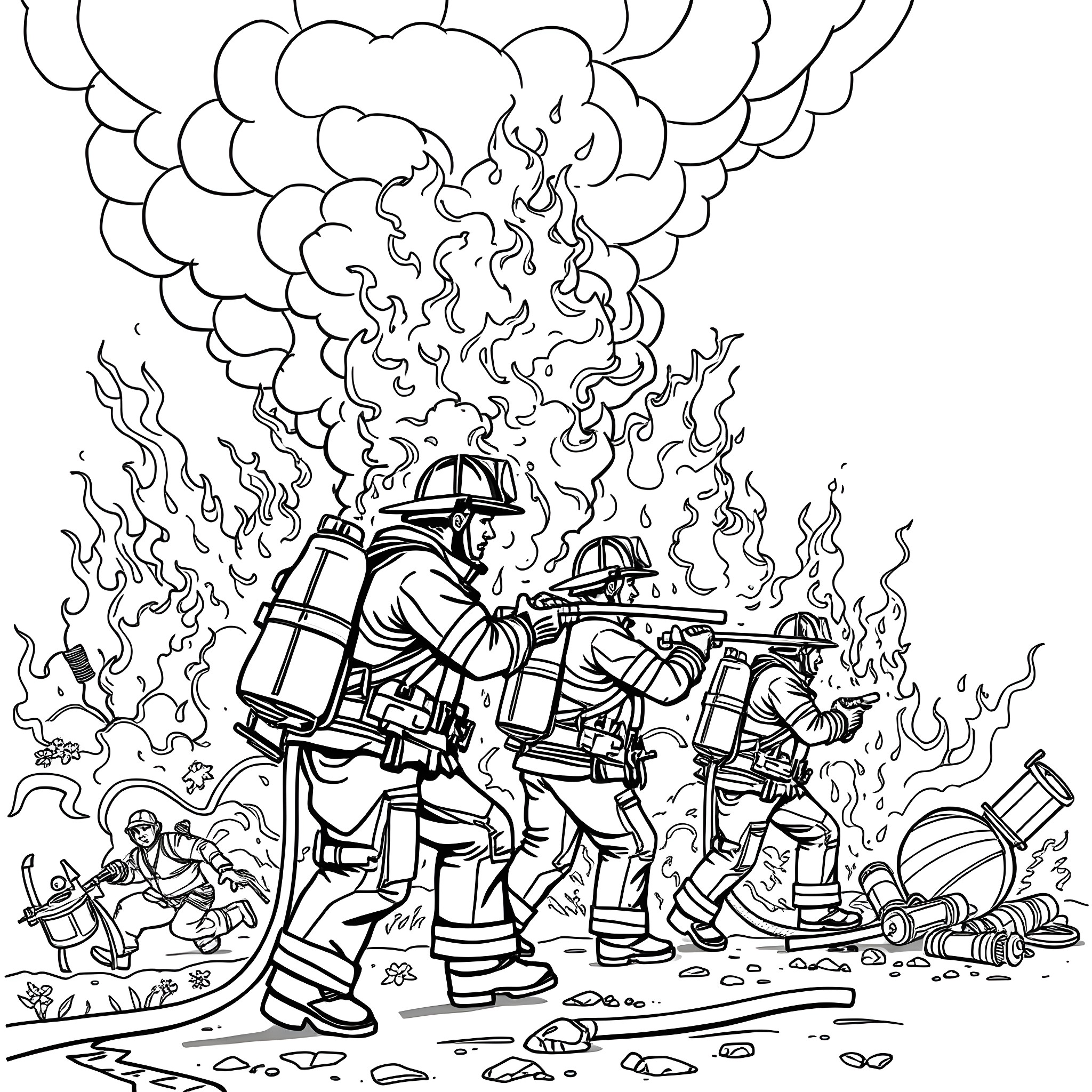 Firefighters Battling Intense Flames and Smoke Coloring Page (free black-and-white line drawing printable PDF for all, from beginners to advanced learners, including children, teens, adults, and seniors)
