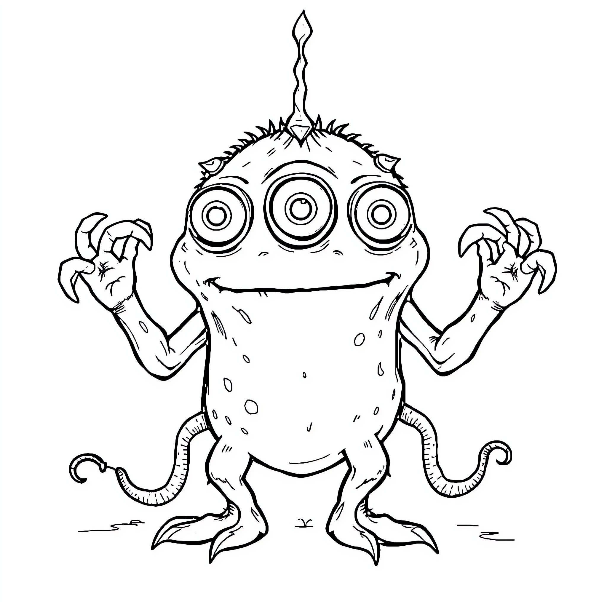 Monster wielding sharp sword with scary eyes Coloring Page (free black-and-white line drawing printable PDF for all, from beginners to advanced learners, including children, teens, adults, and seniors)