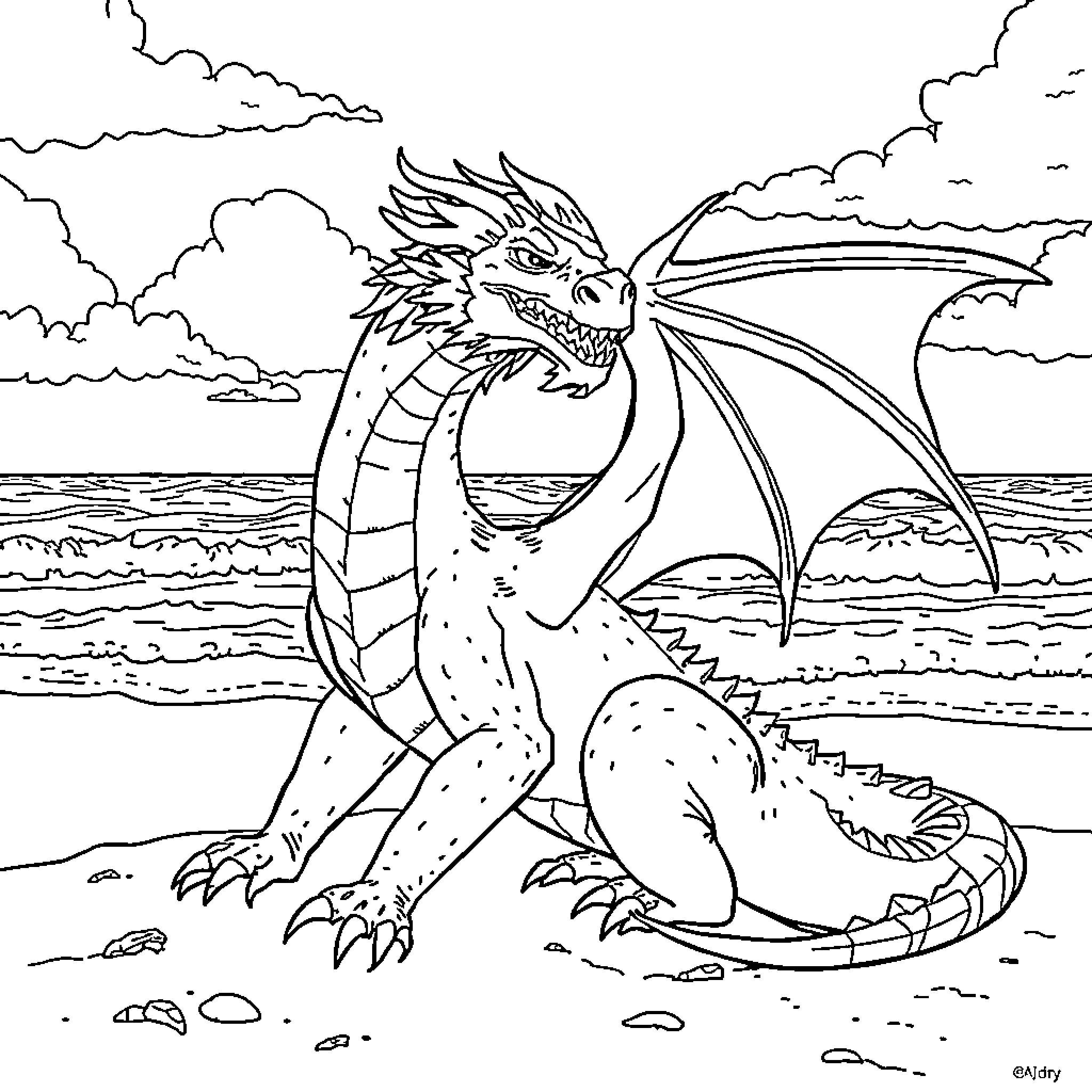 Dragon flying over the ocean Coloring Page (free black-and-white line drawing printable PDF for all, from beginners to advanced learners, including children, teens, adults, and seniors)