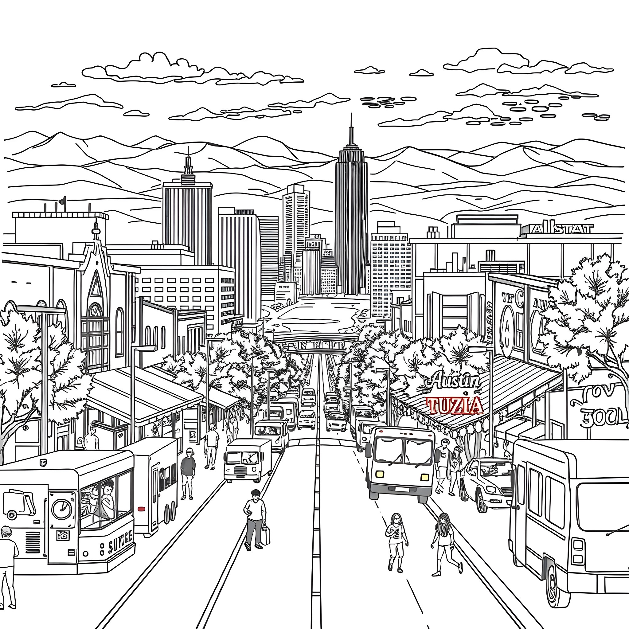 Austin street scene with bustling cityscape Coloring Page (free black-and-white line drawing printable PDF for all, from beginners to advanced learners, including children, teens, adults, and seniors)