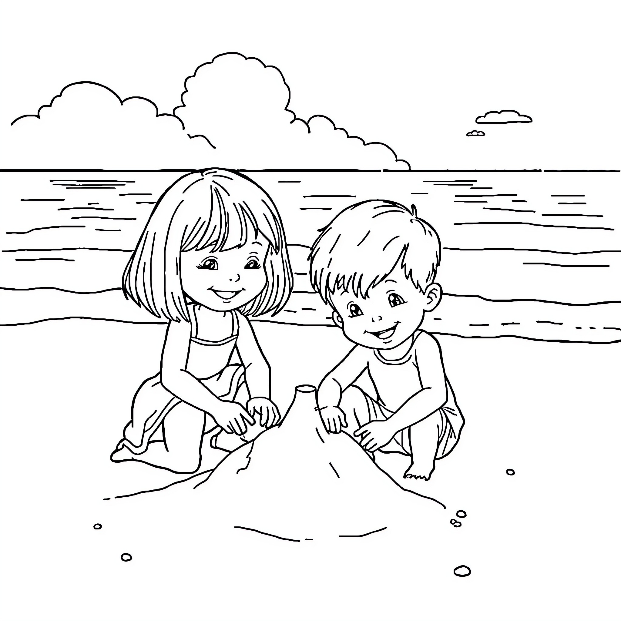 Child playing on the beach with friend Coloring Page (free black-and-white line drawing printable PDF for all, from beginners to advanced learners, including children, teens, adults, and seniors)