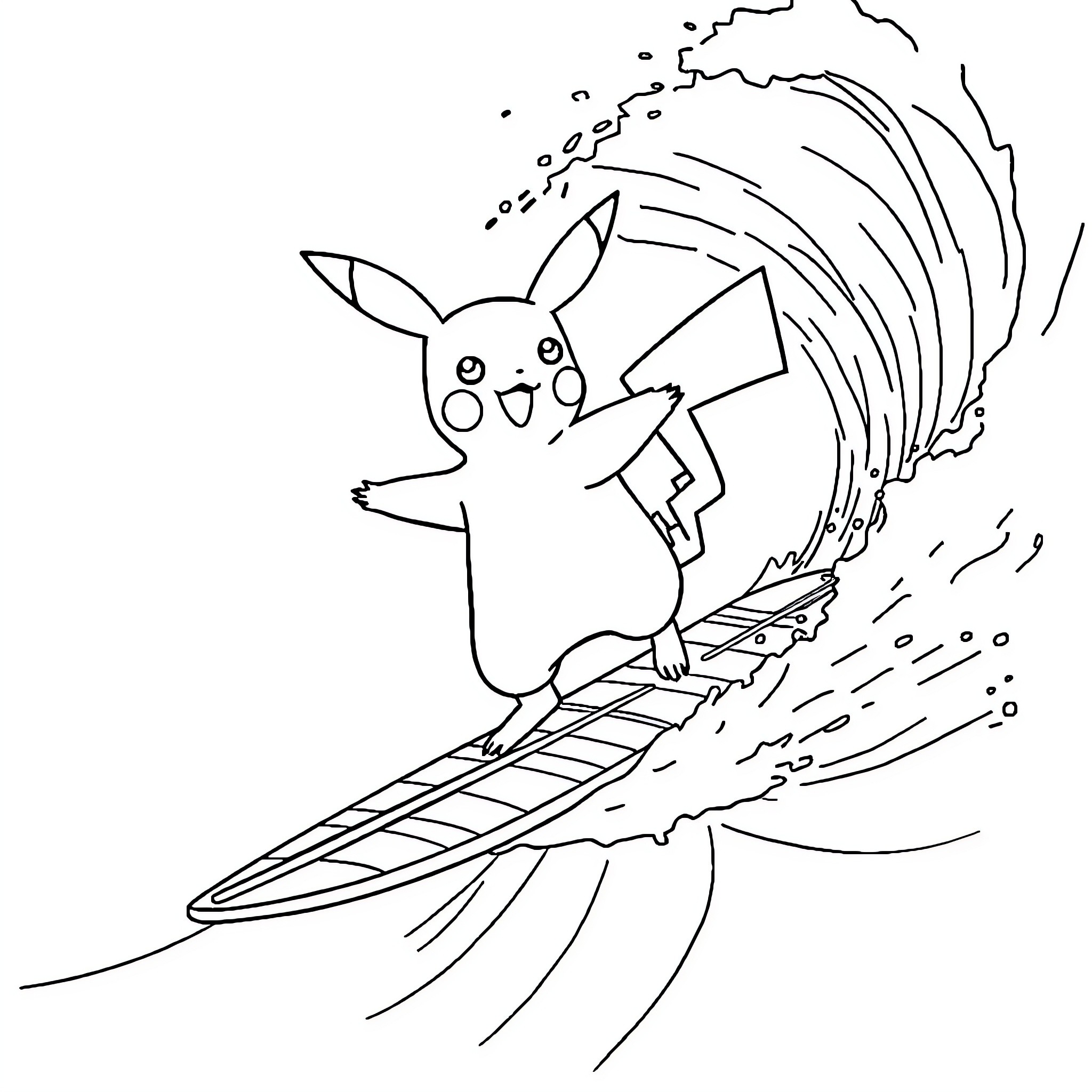 Pikachu riding a surfboard through waves Coloring Page (free black-and-white line drawing printable PDF for all, from beginners to advanced learners, including children, teens, adults, and seniors)