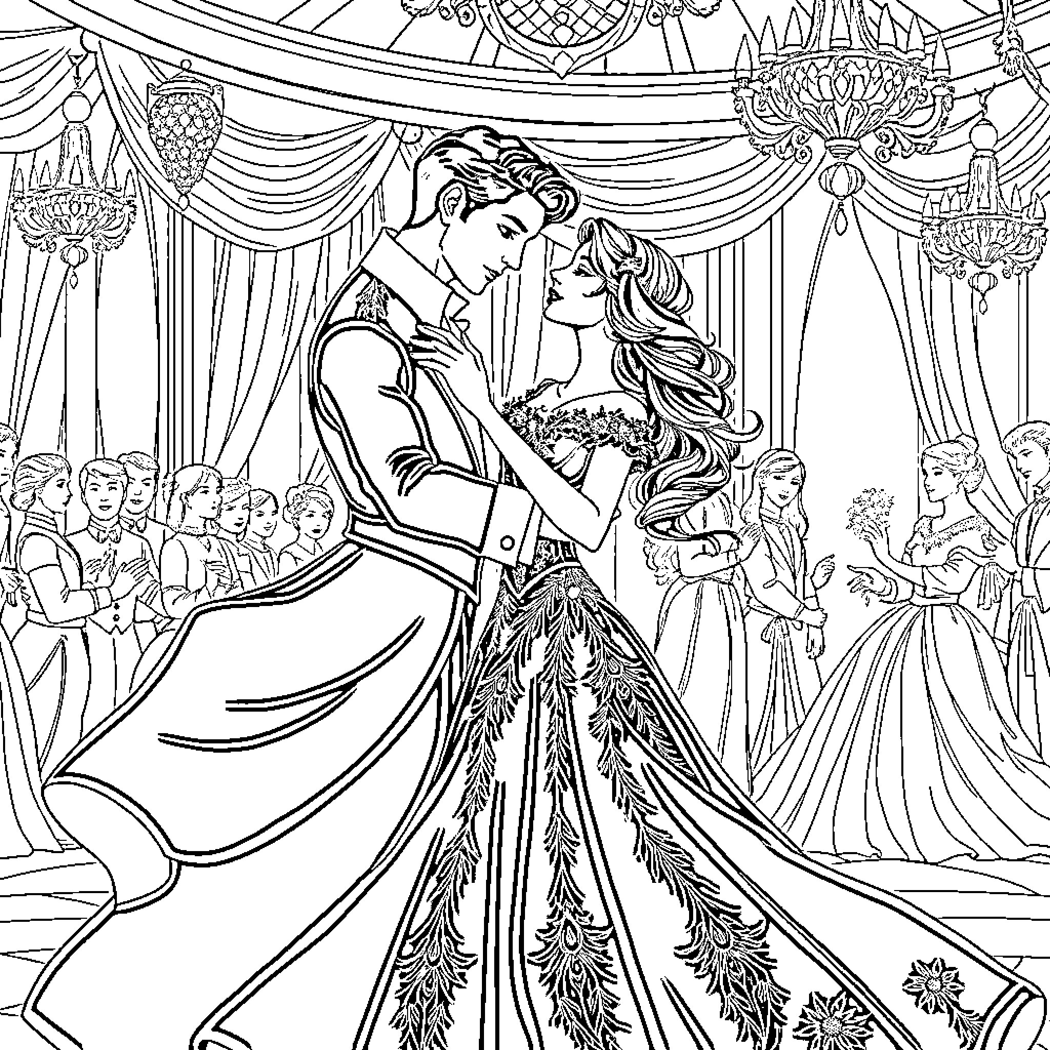 Prince and Princess Ballroom Dance at Lavish Palace Coloring Page (free black-and-white line drawing printable PDF for all, from beginners to advanced learners, including children, teens, adults, and seniors)
