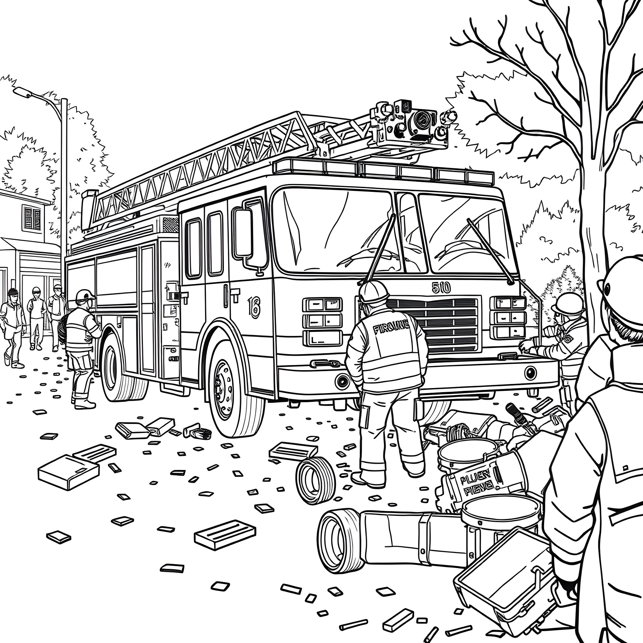 Fire Engine Responding to Emergency Scene with Firefighters in Action Coloring Page (free black-and-white line drawing printable PDF for all, from beginners to advanced learners, including children, teens, adults, and seniors)
