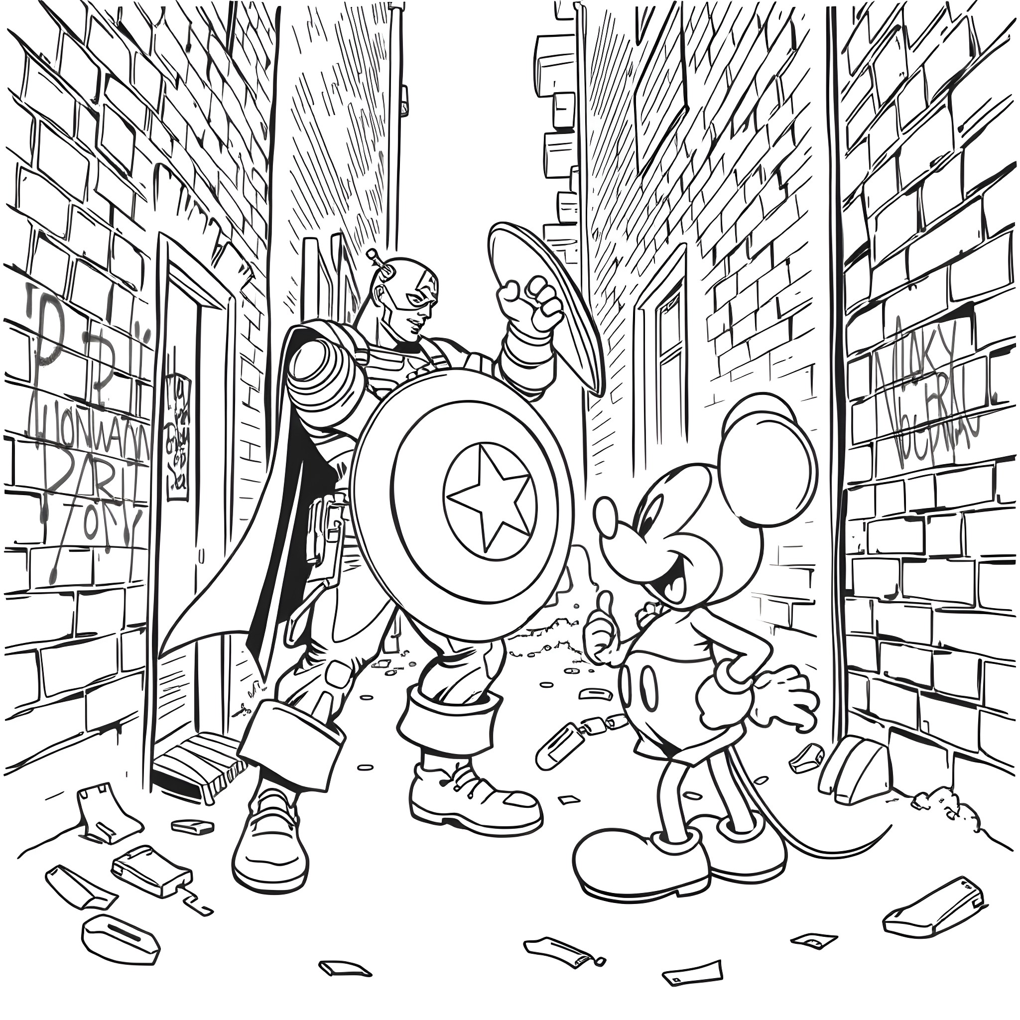Captain America and Mickey Mouse in an Alley Adventure Coloring Page (free black-and-white line drawing printable PDF for all, from beginners to advanced learners, including children, teens, adults, and seniors)