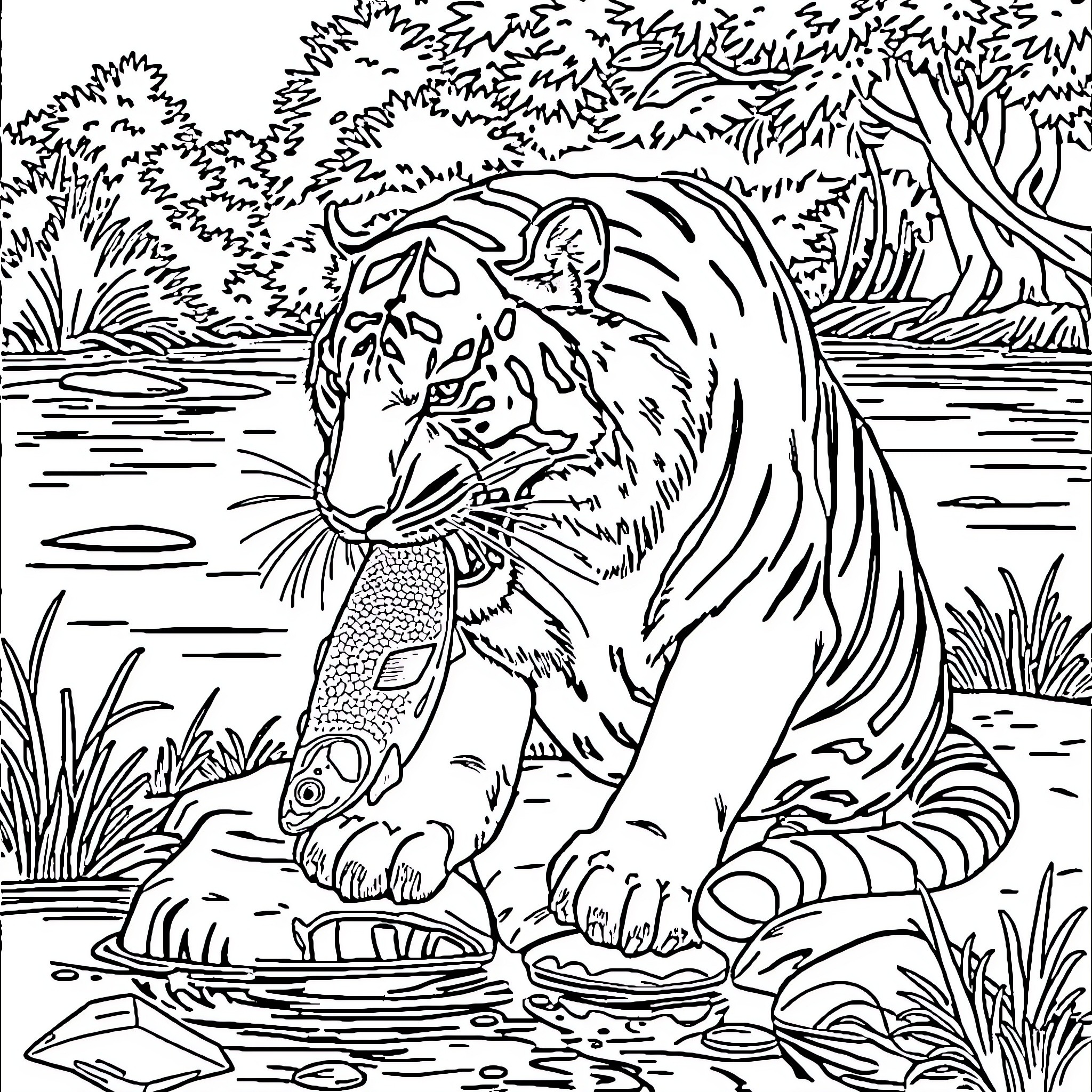 Tiger Drinking Water from Pond in Forest Coloring Page (free black-and-white line drawing printable PDF for all, from beginners to advanced learners, including children, teens, adults, and seniors)