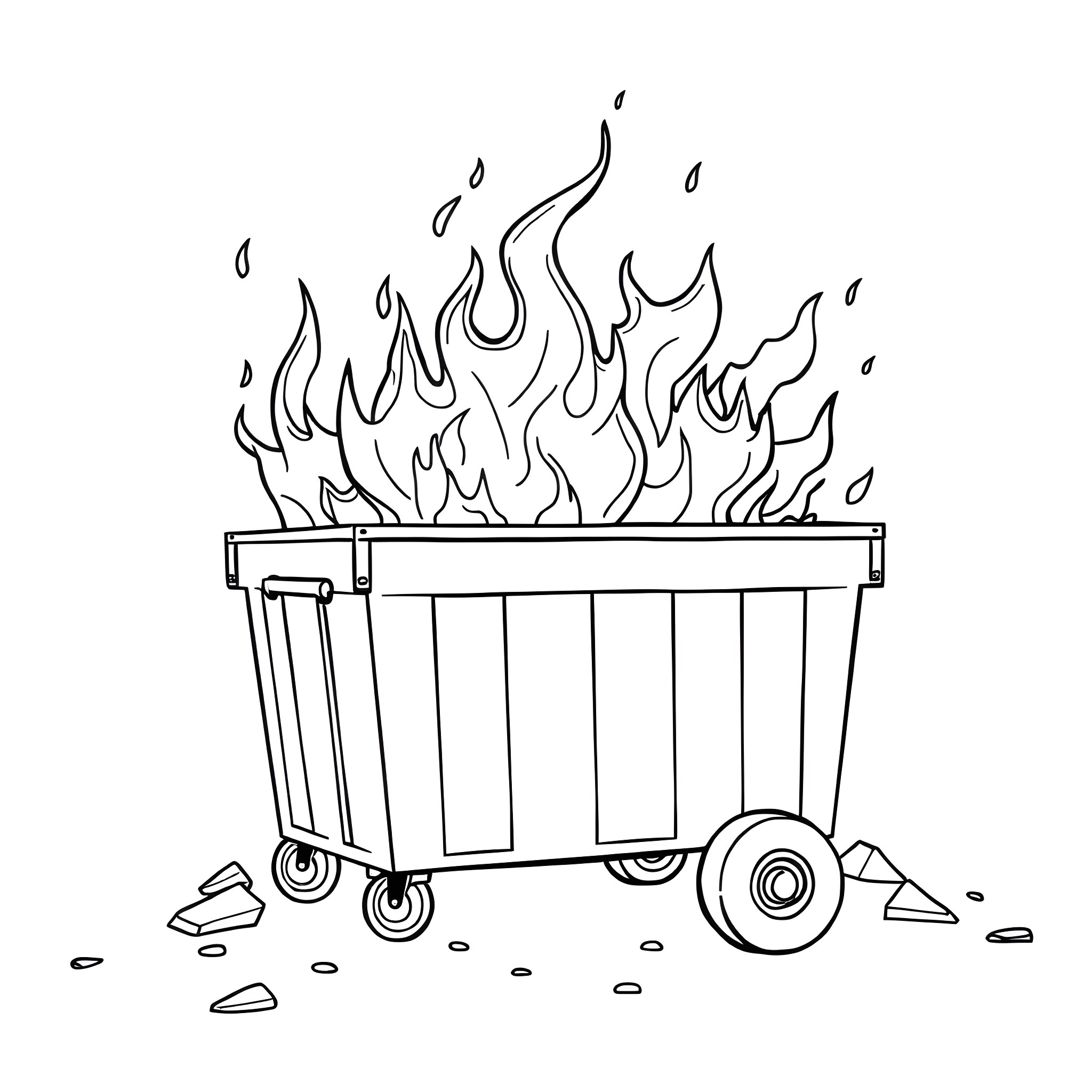 Dumpster on fire with burning trash Coloring Page (free black-and-white line drawing printable PDF for all, from beginners to advanced learners, including children, teens, adults, and seniors)