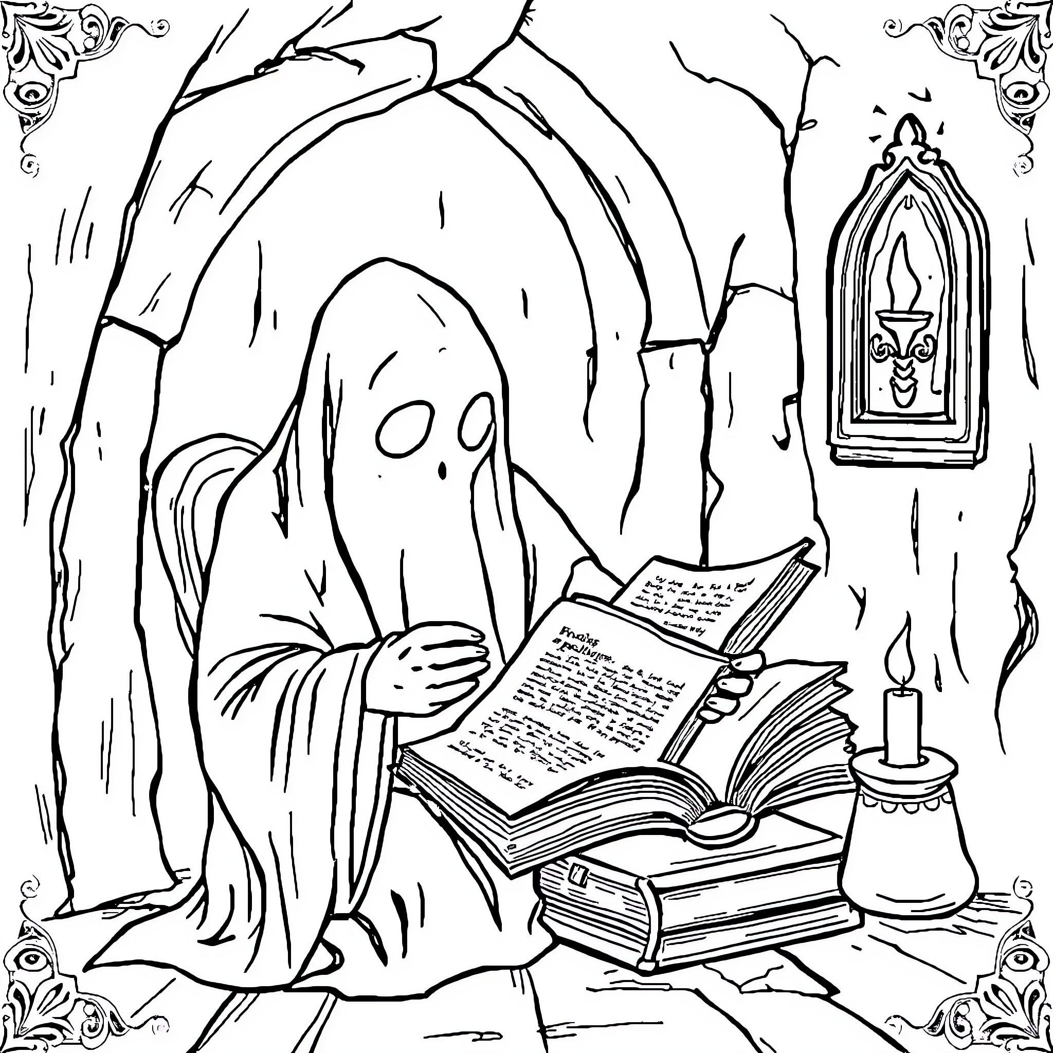 Ghost studying ancient texts in a mystical chamber Coloring Page (free black-and-white line drawing printable PDF for all, from beginners to advanced learners, including children, teens, adults, and seniors)