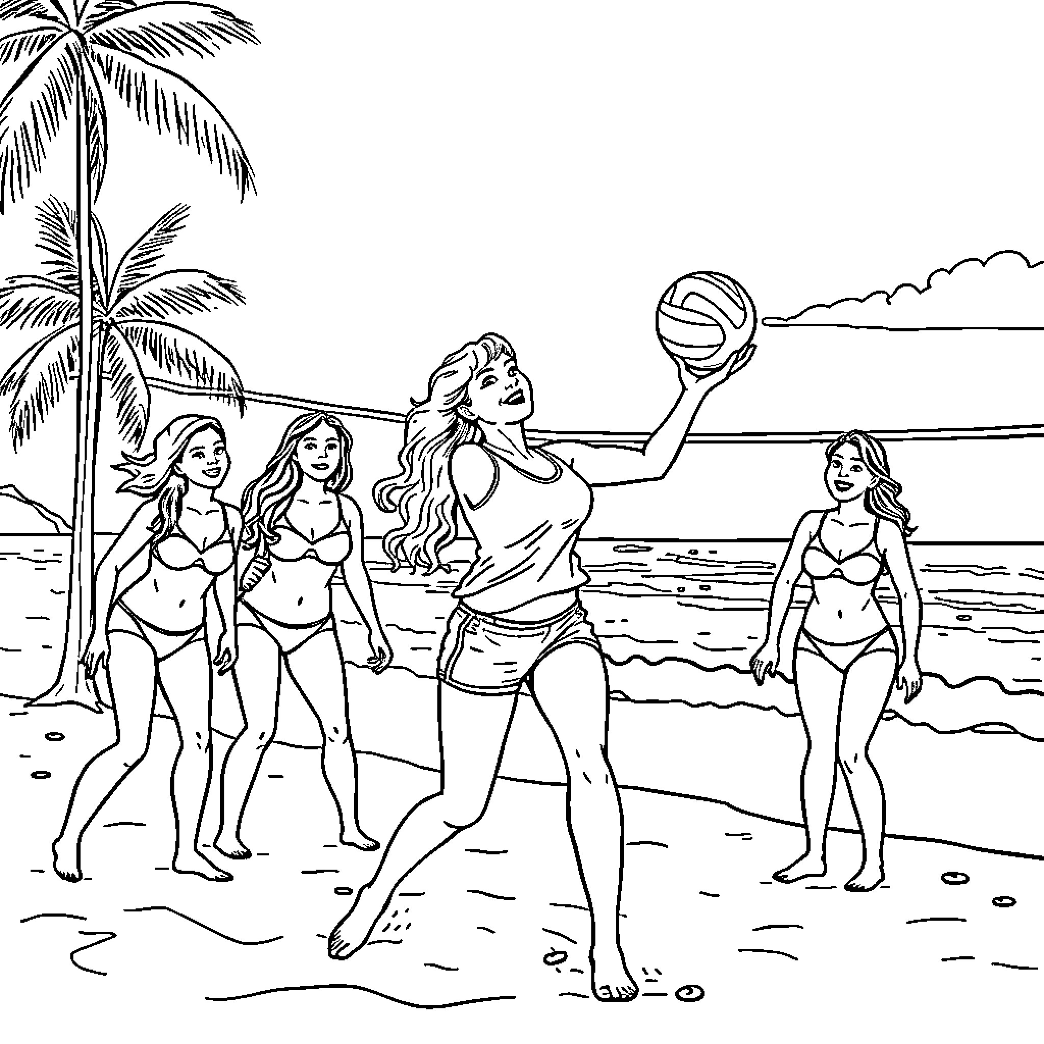 Volleyball beach scene with group of women Coloring Page (free black-and-white line drawing printable PDF for all, from beginners to advanced learners, including children, teens, adults, and seniors)