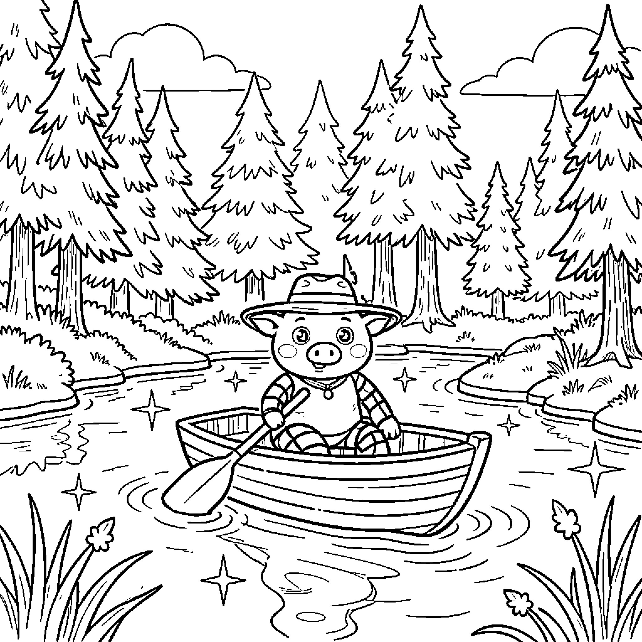 Spider Pig exploring the forest in a boat Coloring Page (free black-and-white line drawing printable PDF for all, from beginners to advanced learners, including children, teens, adults, and seniors)