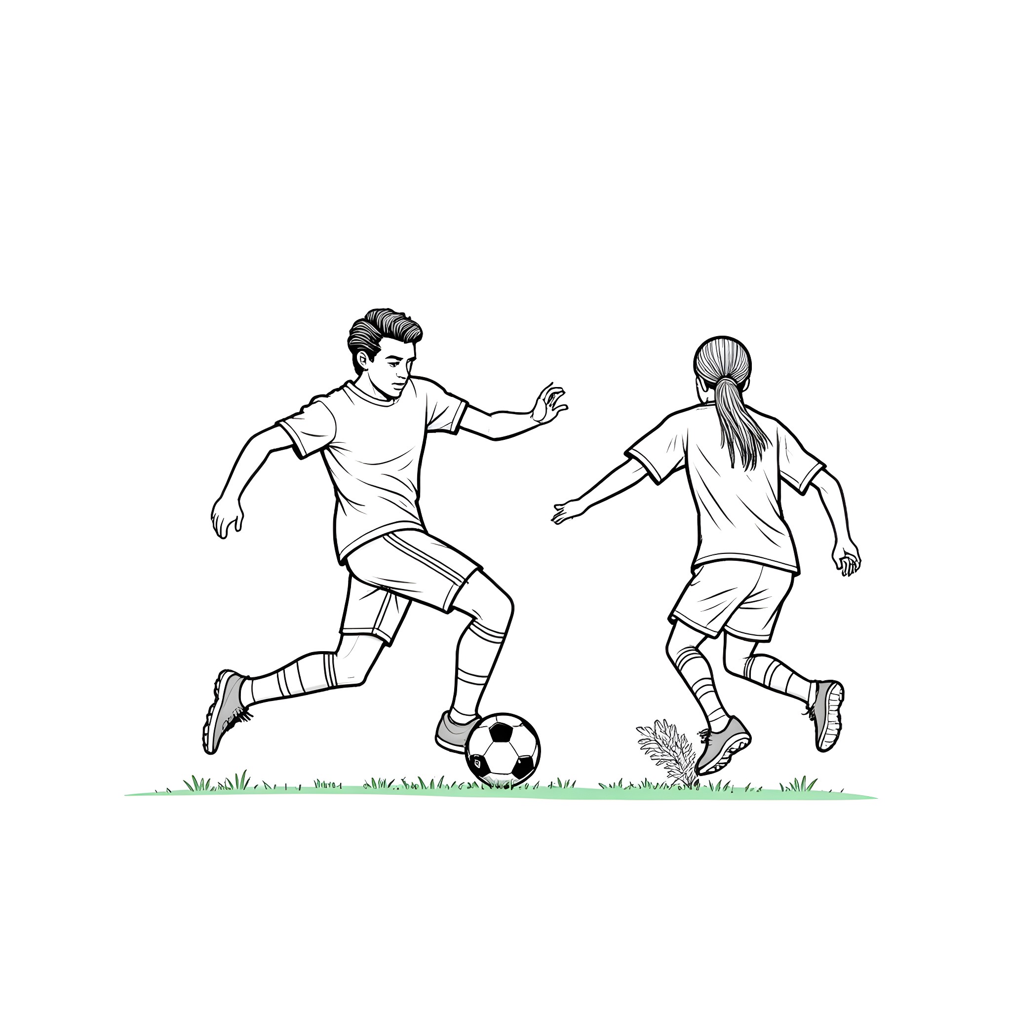 Football players competing for the ball Coloring Page (free black-and-white line drawing printable PDF for all, from beginners to advanced learners, including children, teens, adults, and seniors)