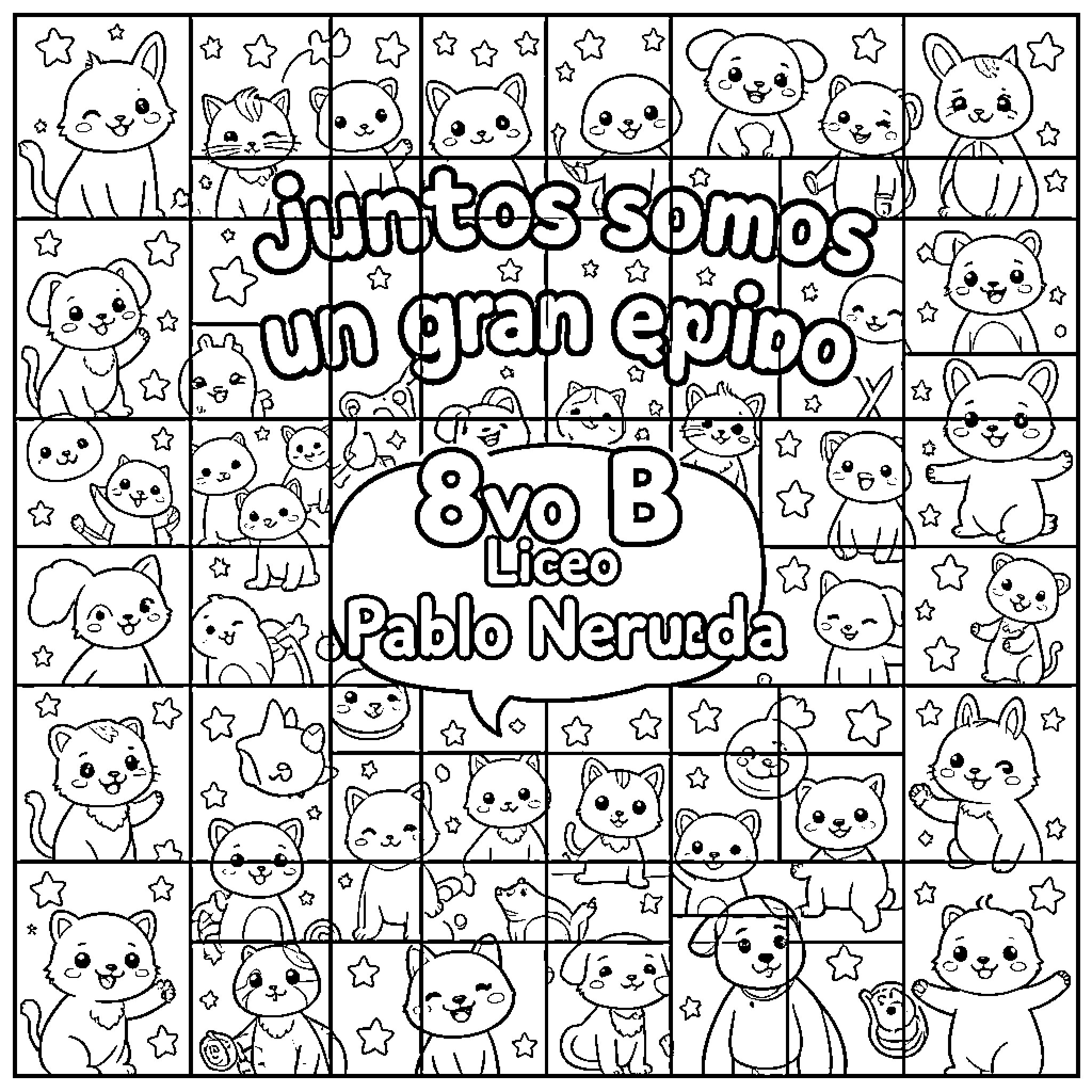 Mosaic of Adorable Cartoon Animals Coloring Page (free black-and-white line drawing printable PDF for all, from beginners to advanced learners, including children, teens, adults, and seniors)