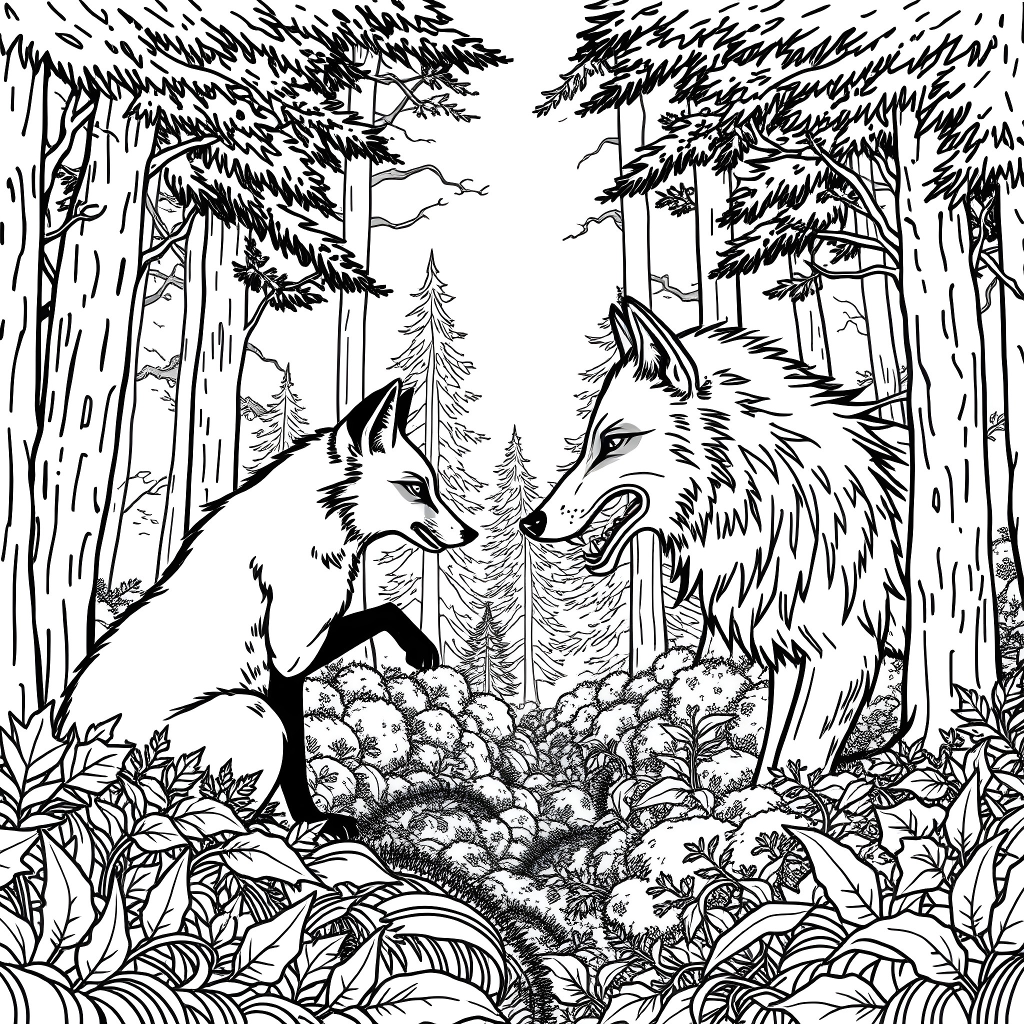 Fox Wolves Interacting in Woodland Scenery Coloring Page (free black-and-white line drawing printable PDF for all, from beginners to advanced learners, including children, teens, adults, and seniors)