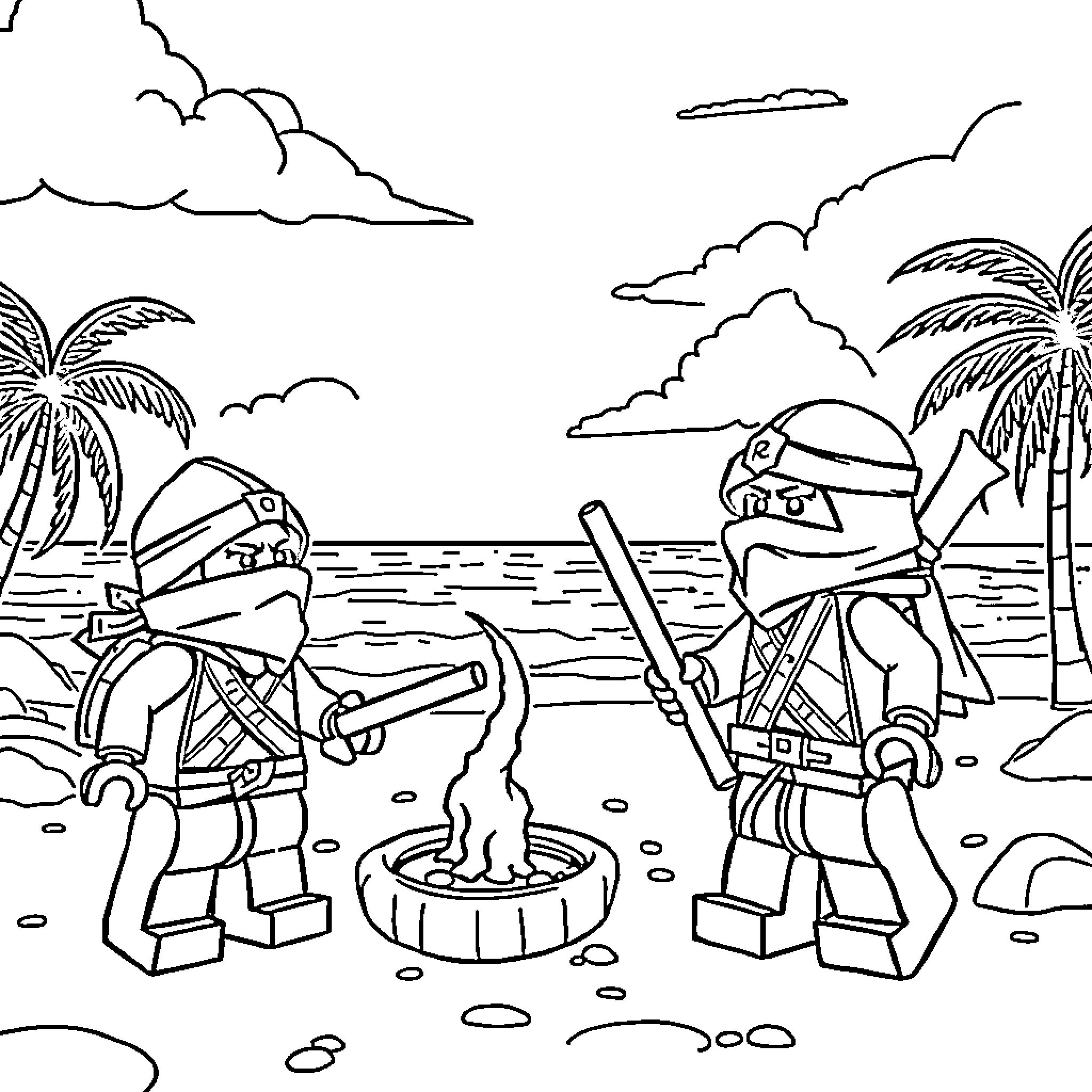 Ninjago characters training with weapons on a beach Coloring Page (free black-and-white line drawing printable PDF for all, from beginners to advanced learners, including children, teens, adults, and seniors)