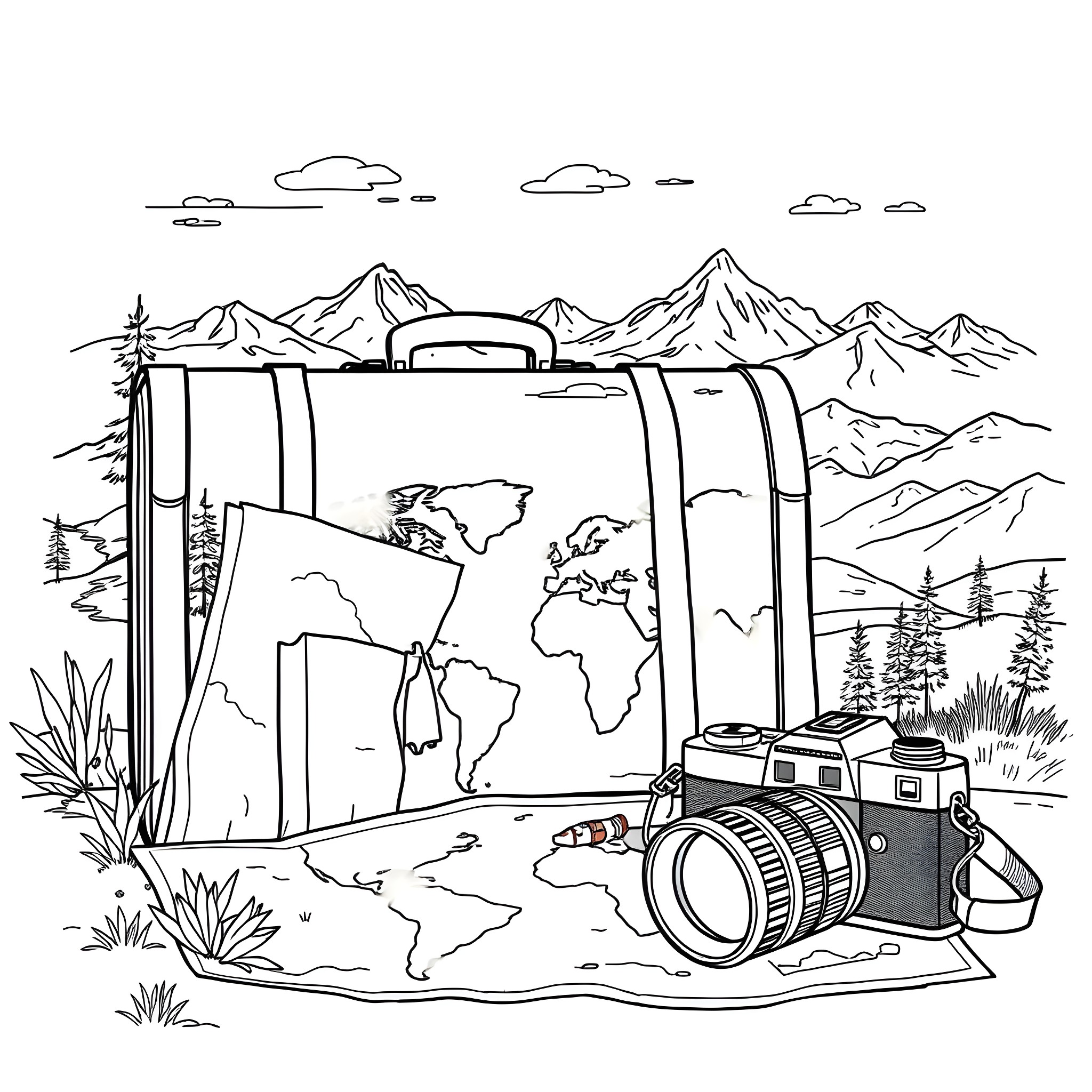 Travel with Adventure and Exploration Coloring Page (free black-and-white line drawing printable PDF for all, from beginners to advanced learners, including children, teens, adults, and seniors)