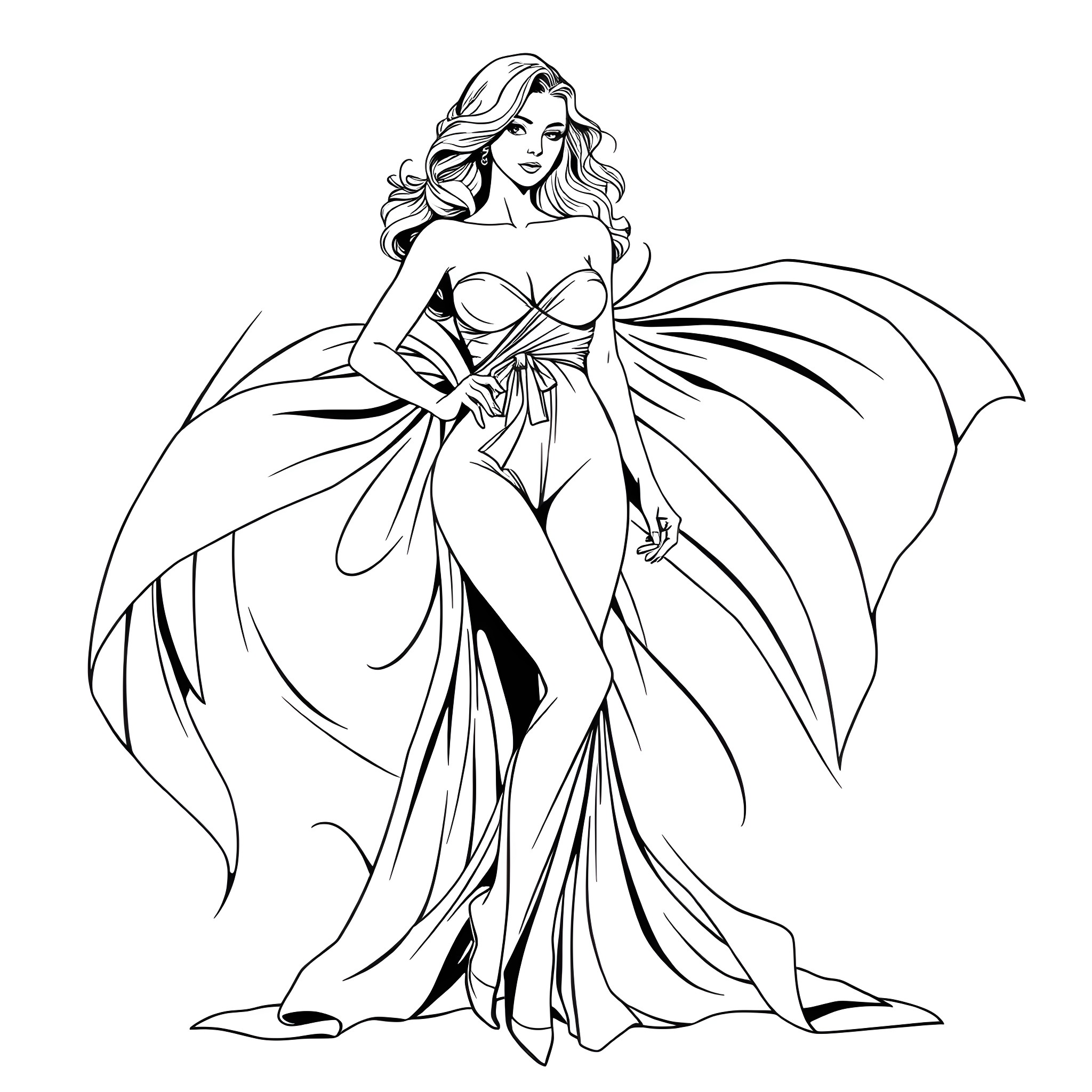 Breast of female figure in elegant gown Coloring Page (free black-and-white line drawing printable PDF for all, from beginners to advanced learners, including children, teens, adults, and seniors)
