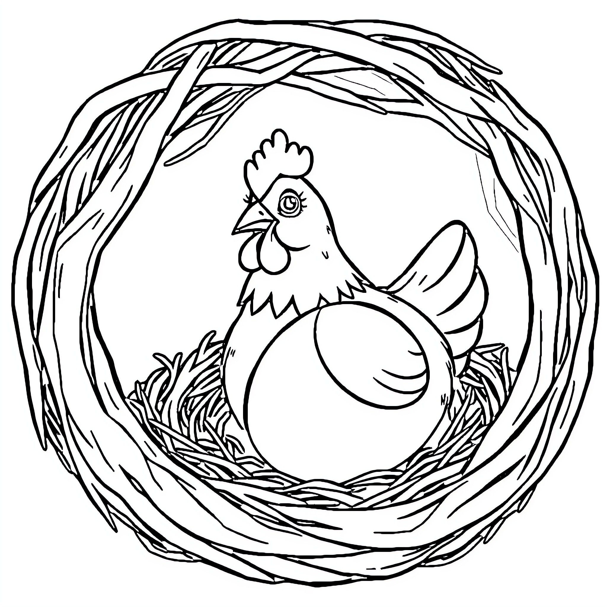 Chicken sitting in a nest made of twigs Coloring Page (free black-and-white line drawing printable PDF for all, from beginners to advanced learners, including children, teens, adults, and seniors)