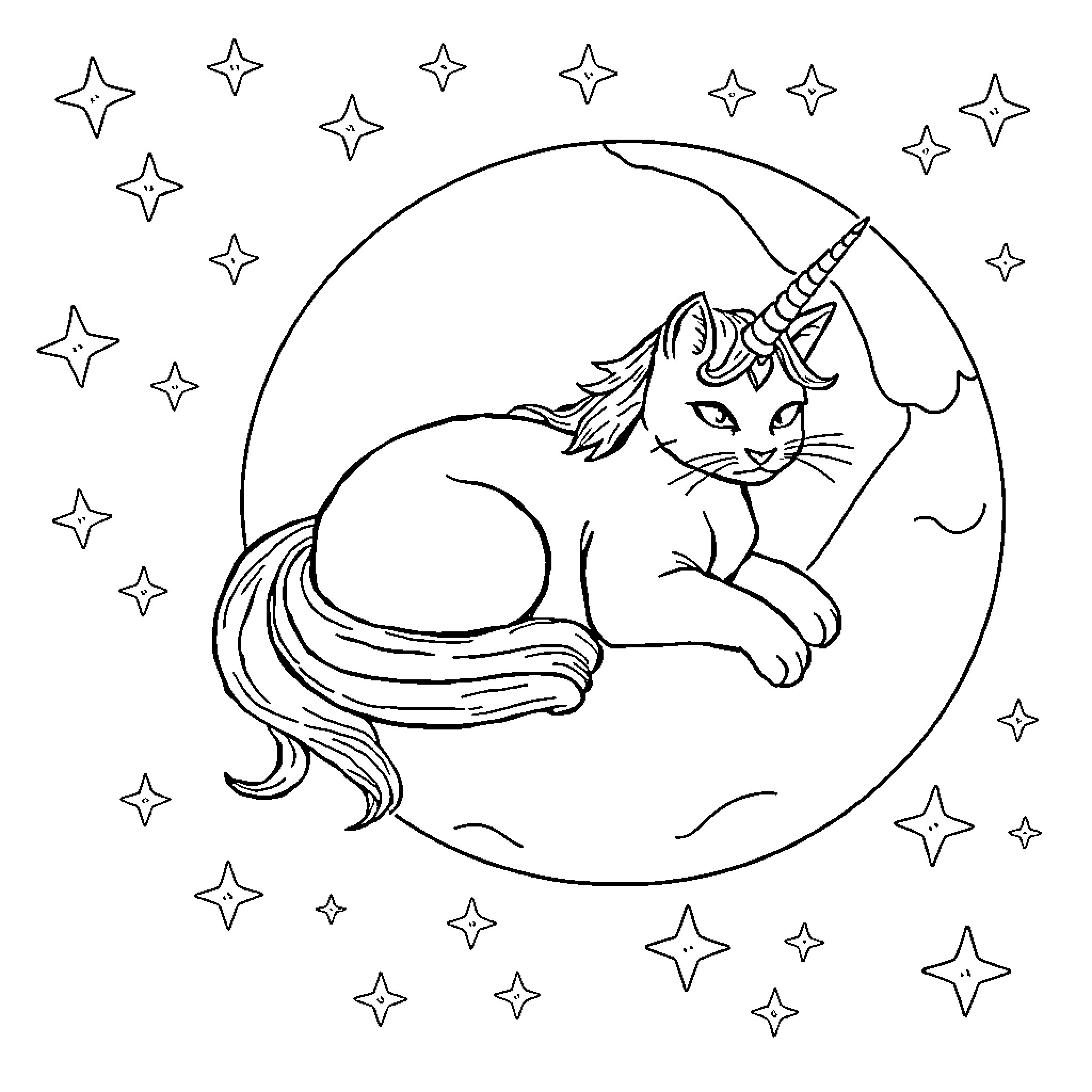 Unicorn Cat relaxing under the starry night sky Coloring Page (free black-and-white line drawing printable PDF for all, from beginners to advanced learners, including children, teens, adults, and seniors)