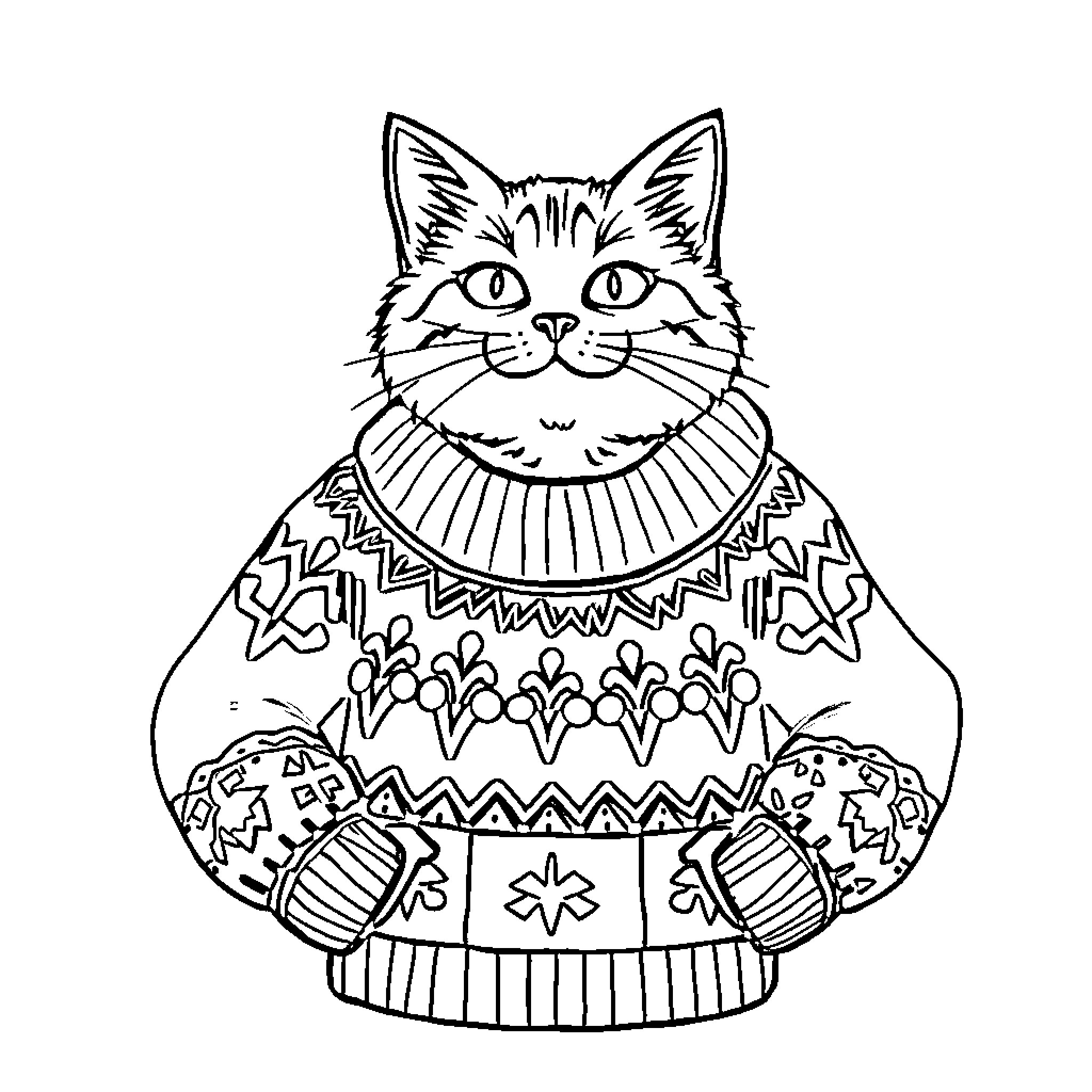 Kitty in Festive Patterned Outfit Coloring Page (free black-and-white line drawing printable PDF for all, from beginners to advanced learners, including children, teens, adults, and seniors)