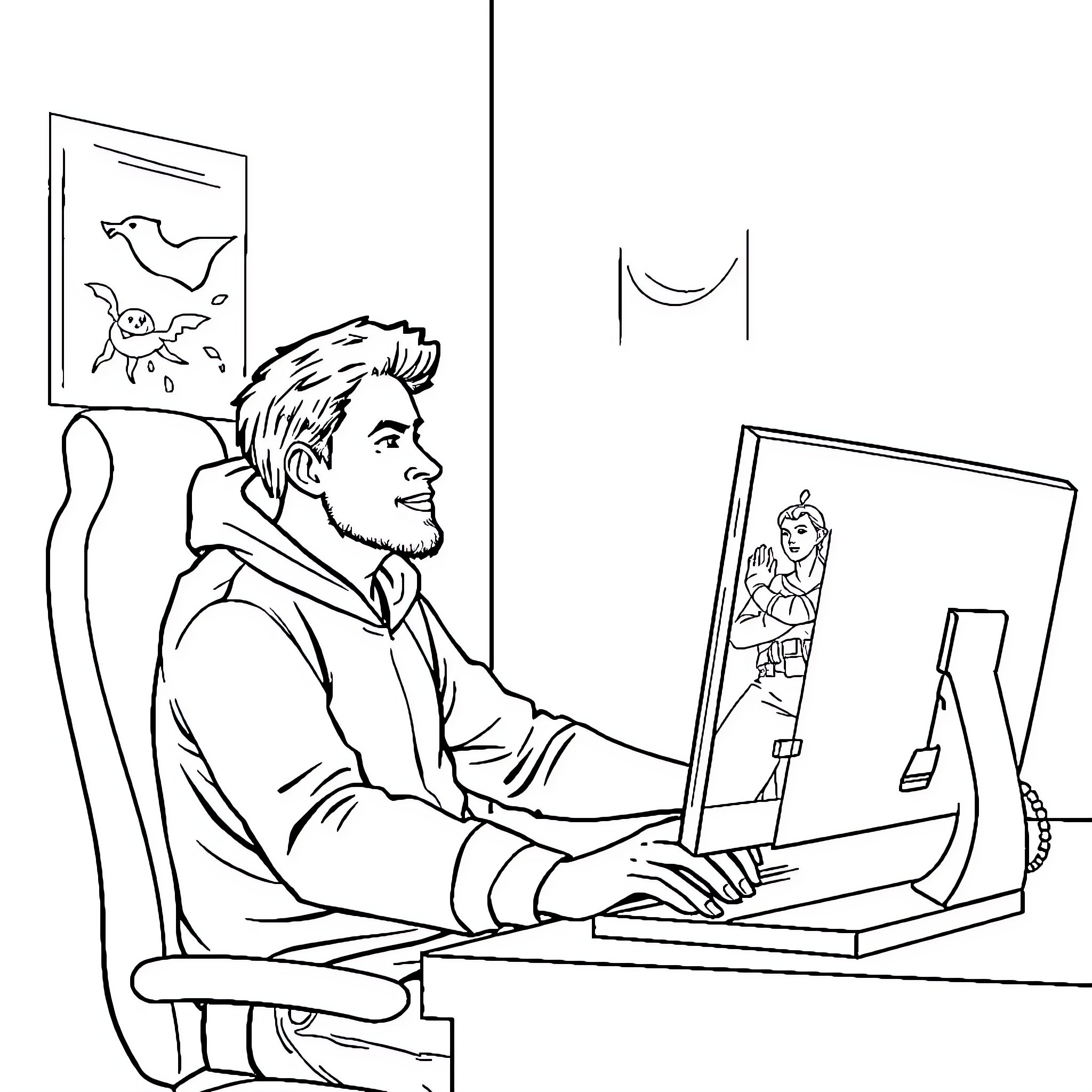 Man using computer in room with artwork Coloring Page (free black-and-white line drawing printable PDF for all, from beginners to advanced learners, including children, teens, adults, and seniors)