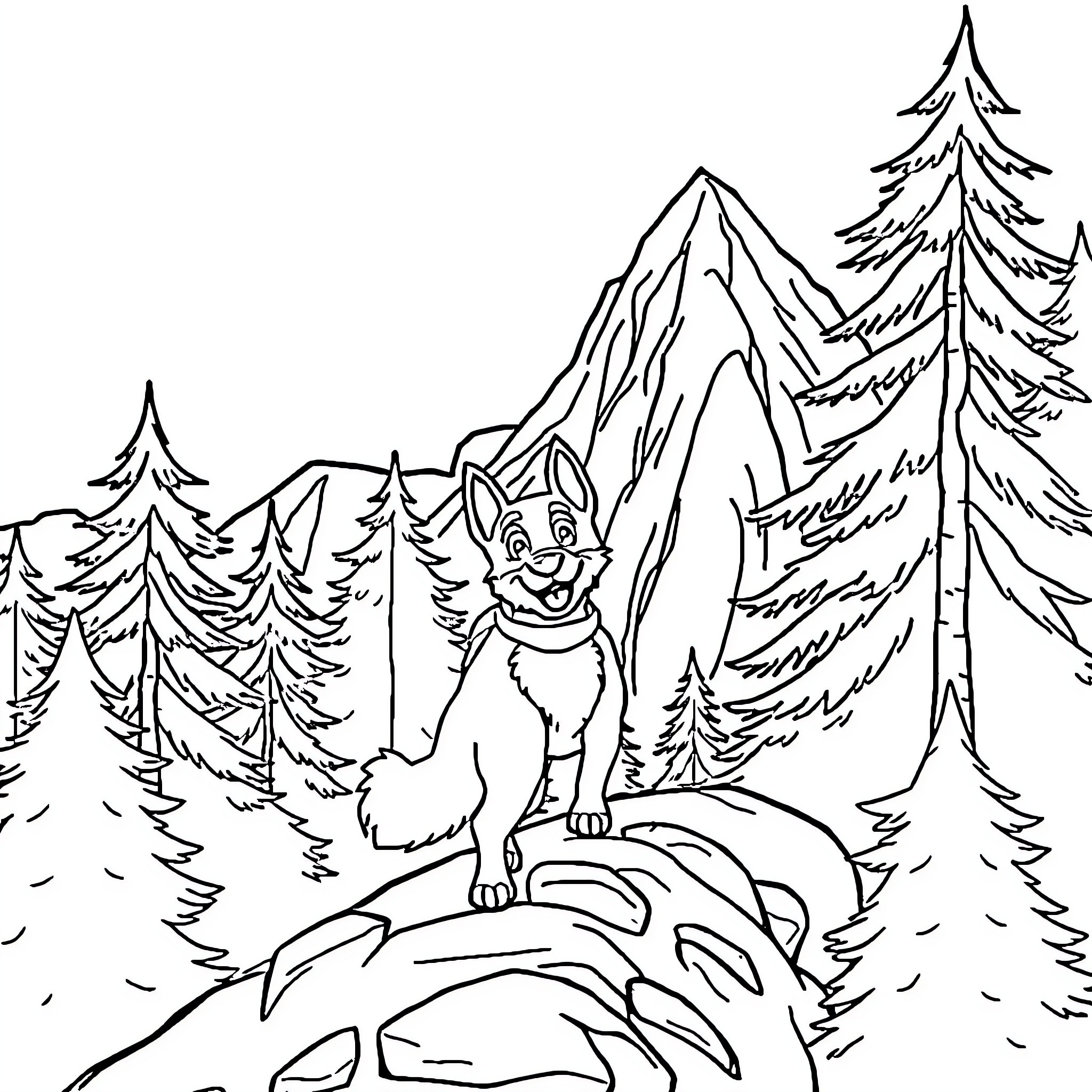 Bluey exploring the snowy mountain forest Coloring Page (free black-and-white line drawing printable PDF for all, from beginners to advanced learners, including children, teens, adults, and seniors)