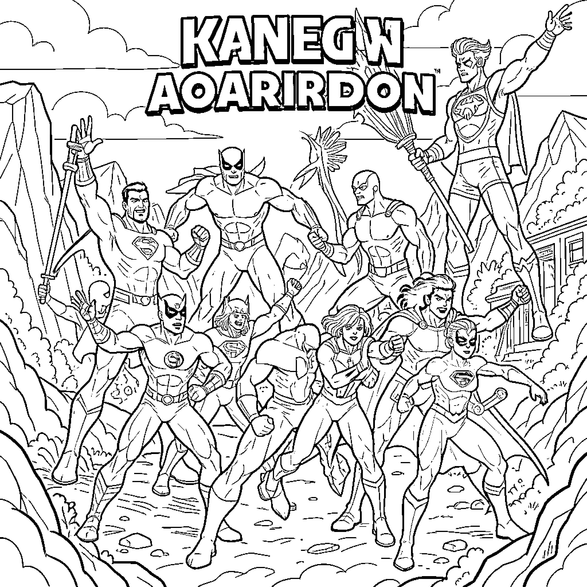 Marvel Superheroes Assembling for Heroic Action Coloring Page (free black-and-white line drawing printable PDF for all, from beginners to advanced learners, including children, teens, adults, and seniors)