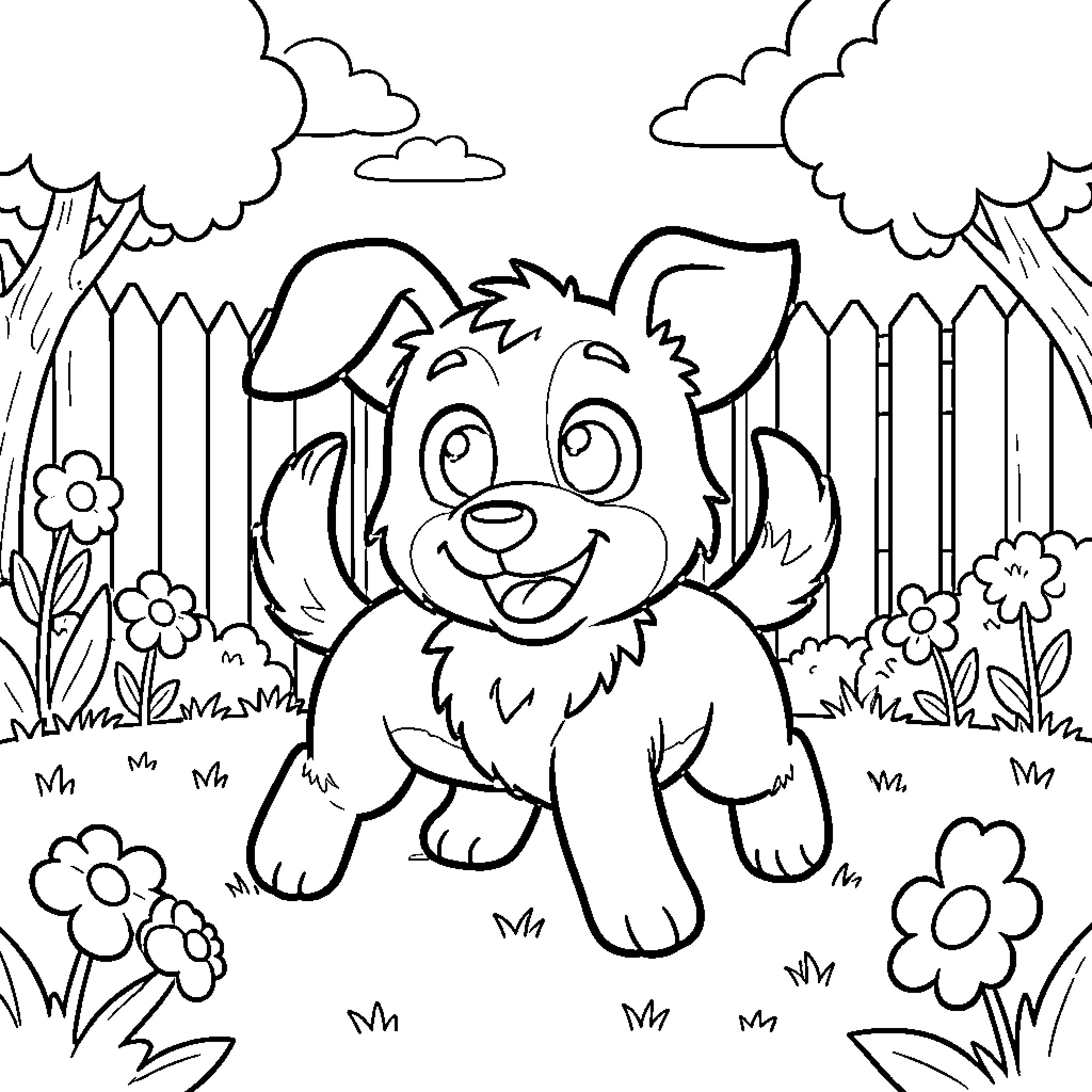 Bluey playing happily in the garden Coloring Page (free black-and-white line drawing printable PDF for all, from beginners to advanced learners, including children, teens, adults, and seniors)