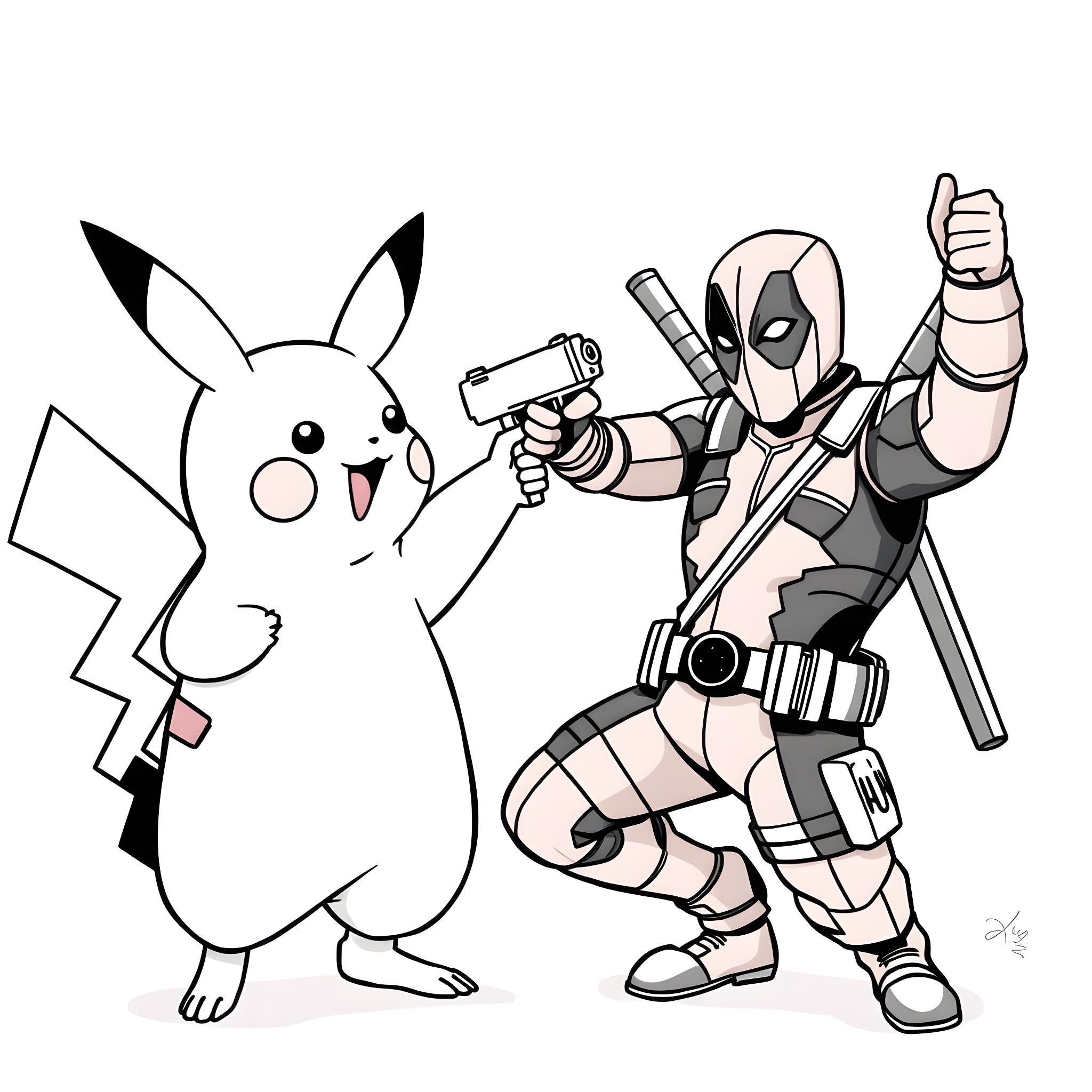 Pikachu and Deadpool having fun together Coloring Page (free black-and-white line drawing printable PDF for all, from beginners to advanced learners, including children, teens, adults, and seniors)