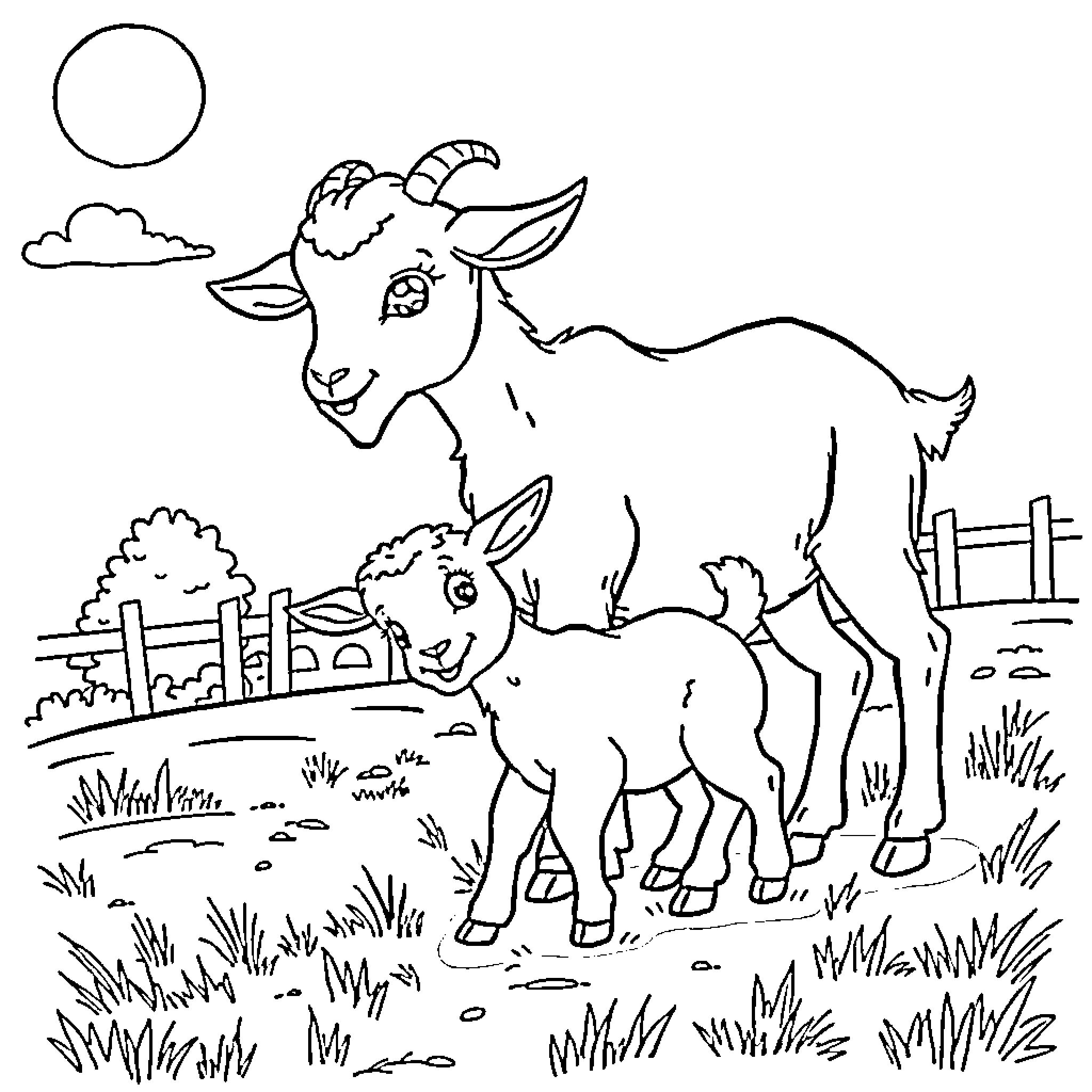 Goat and kid in a pastoral scene Coloring Page (free black-and-white line drawing printable PDF for all, from beginners to advanced learners, including children, teens, adults, and seniors)