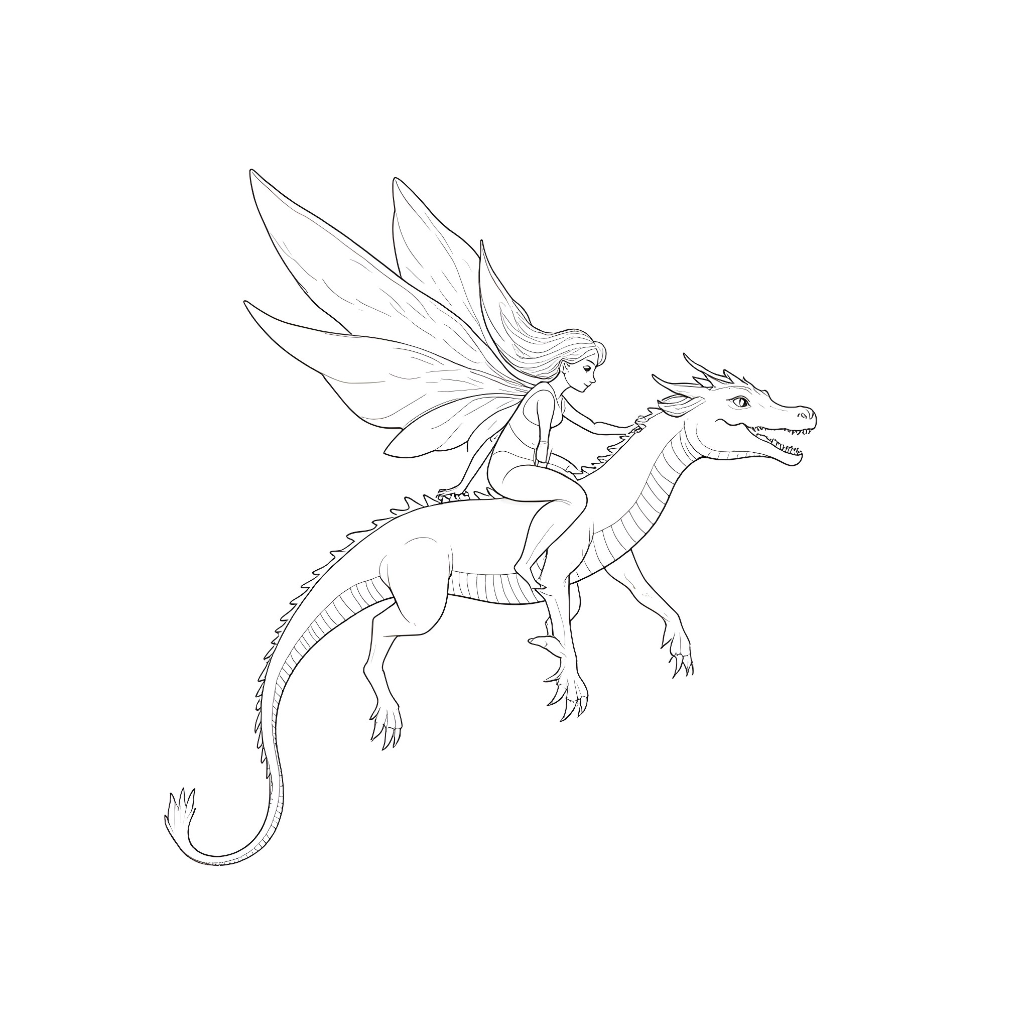 Fairy riding a majestic dragon Coloring Page (free black-and-white line drawing printable PDF for all, from beginners to advanced learners, including children, teens, adults, and seniors)