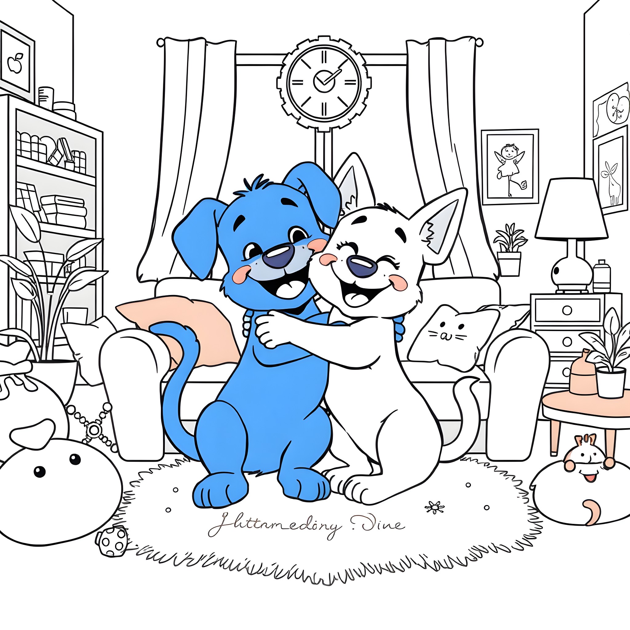 Bluey and Bingo enjoying their cozy home Coloring Page (free black-and-white line drawing printable PDF for all, from beginners to advanced learners, including children, teens, adults, and seniors)