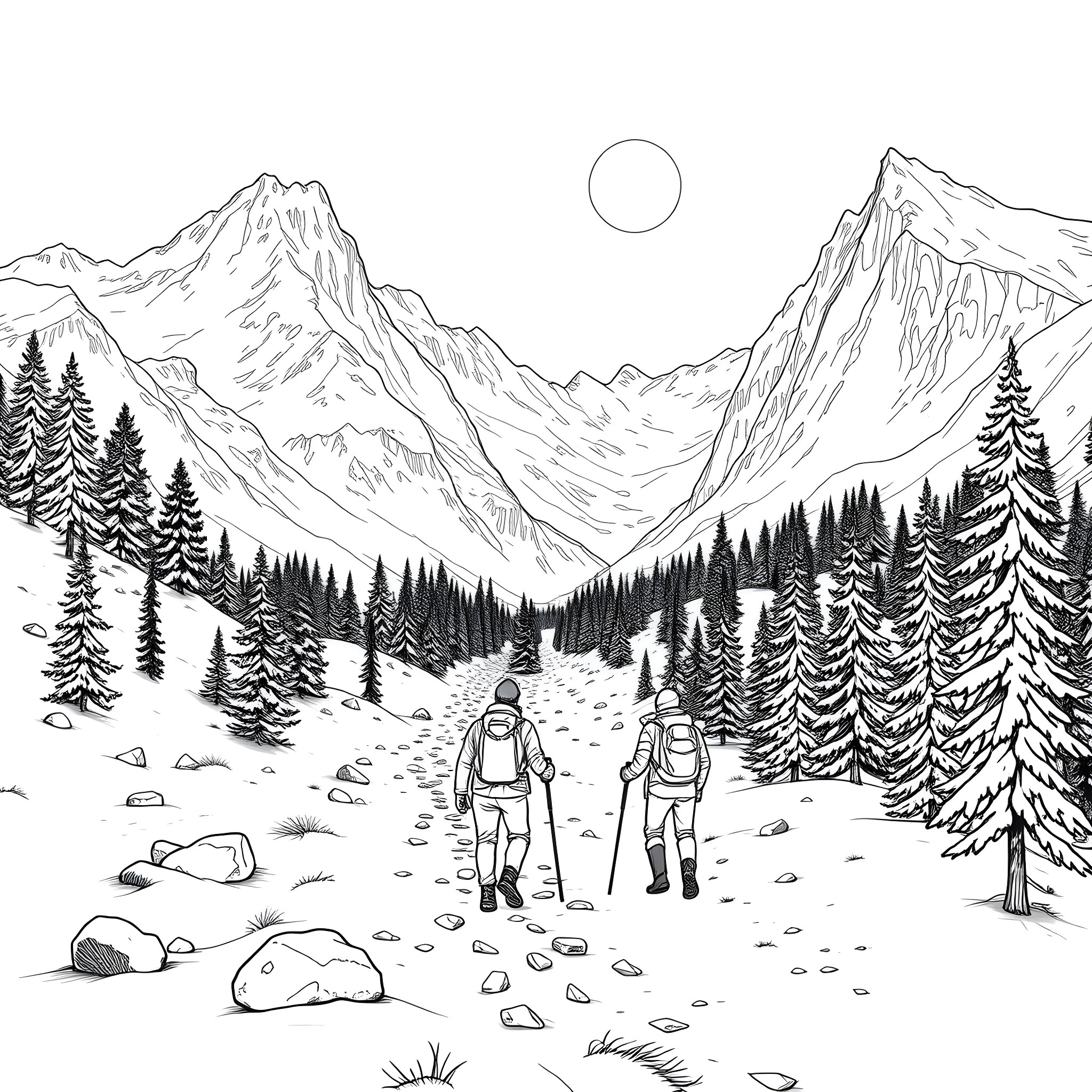 Hiking through a snowy mountain landscape Coloring Page (free black-and-white line drawing printable PDF for all, from beginners to advanced learners, including children, teens, adults, and seniors)