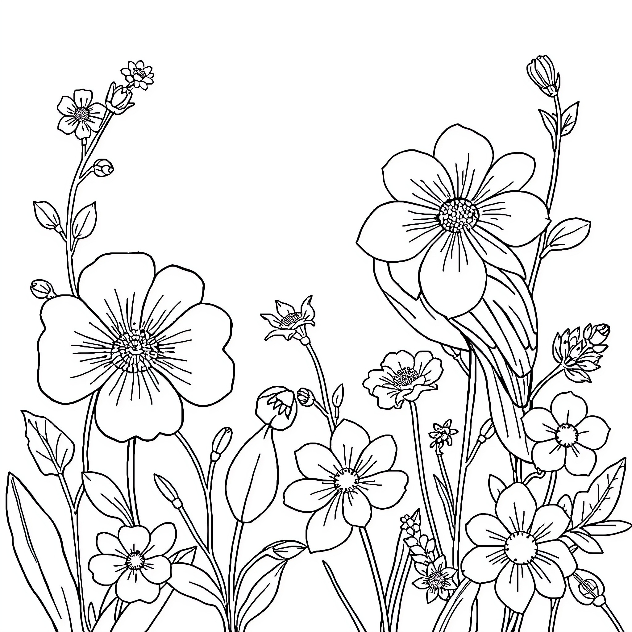 Floral illustration with various flowers Coloring Page (free black-and-white line drawing printable PDF for all, from beginners to advanced learners, including children, teens, adults, and seniors)