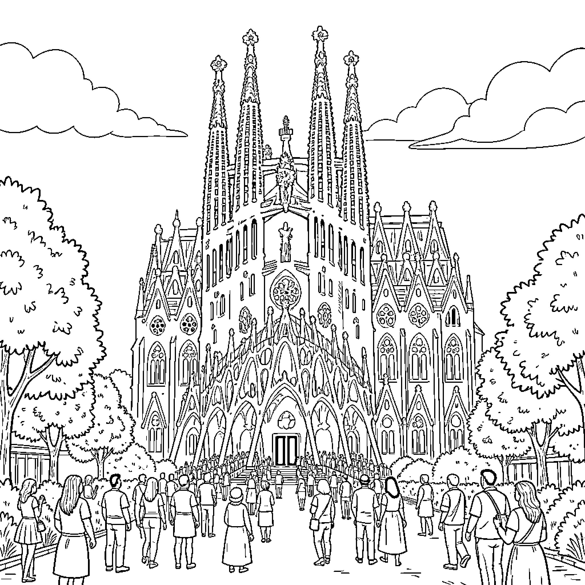 Sagrada Familia with people walking towards the entrance Coloring Page (free black-and-white line drawing printable PDF for all, from beginners to advanced learners, including children, teens, adults, and seniors)