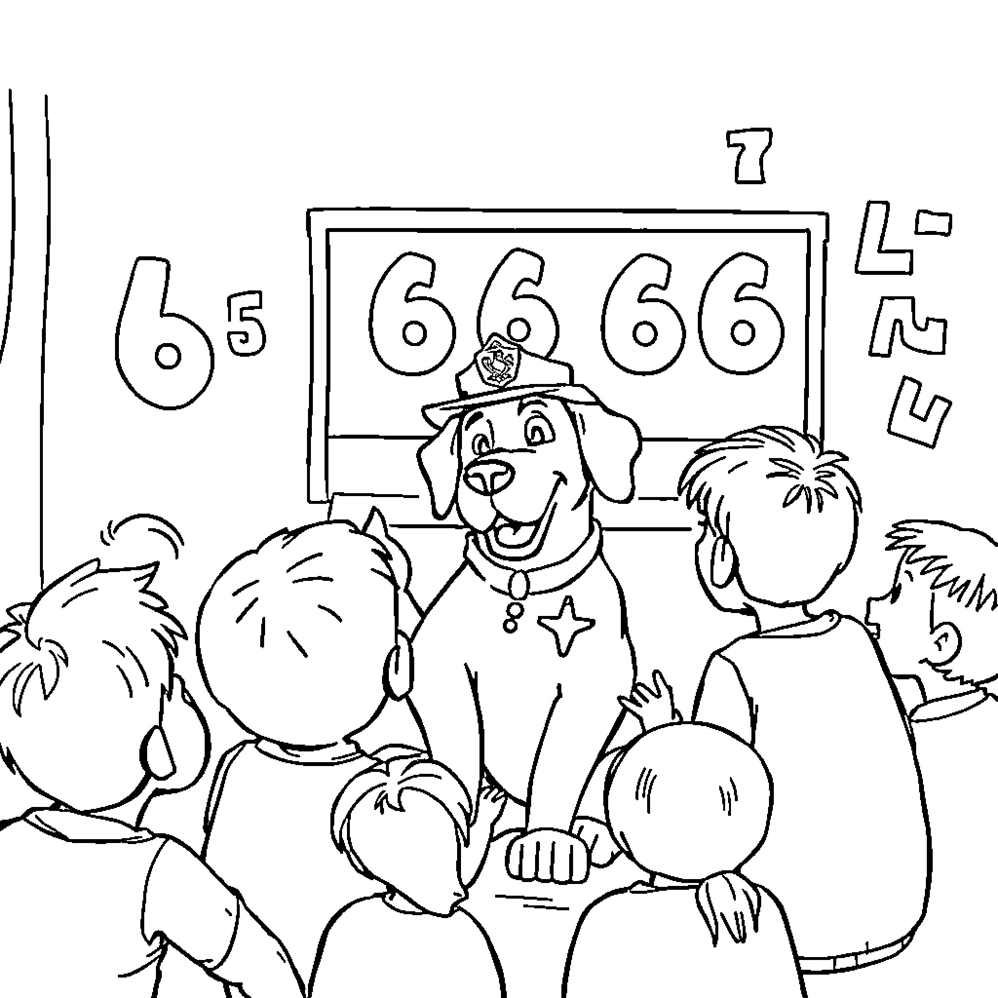 Sheriff Labrador Enjoys Fun with Children at the Carnival Coloring Page (free black-and-white line drawing printable PDF for all, from beginners to advanced learners, including children, teens, adults, and seniors)