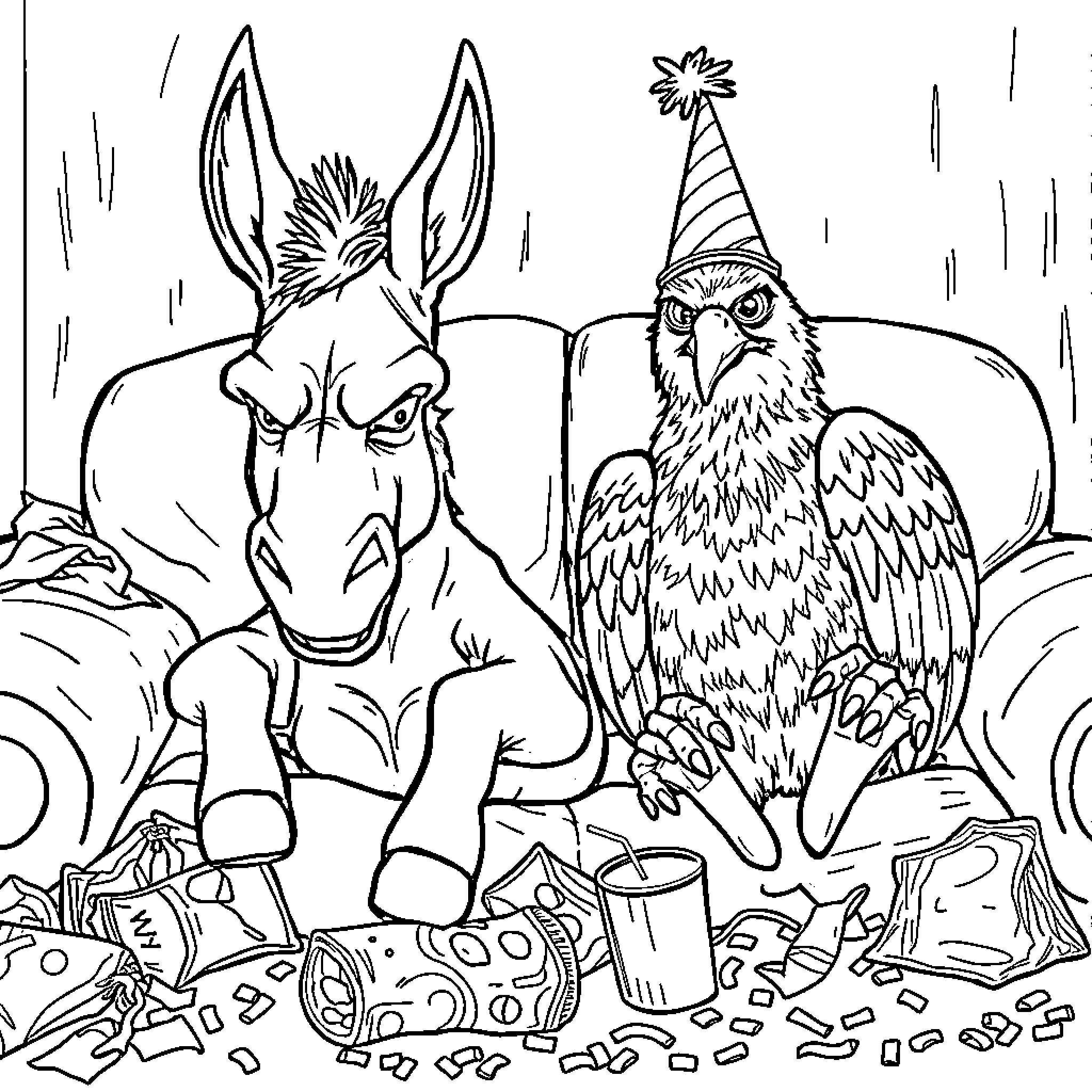 Donkey and owl celebrating with party supplies Coloring Page (free black-and-white line drawing printable PDF for all, from beginners to advanced learners, including children, teens, adults, and seniors)