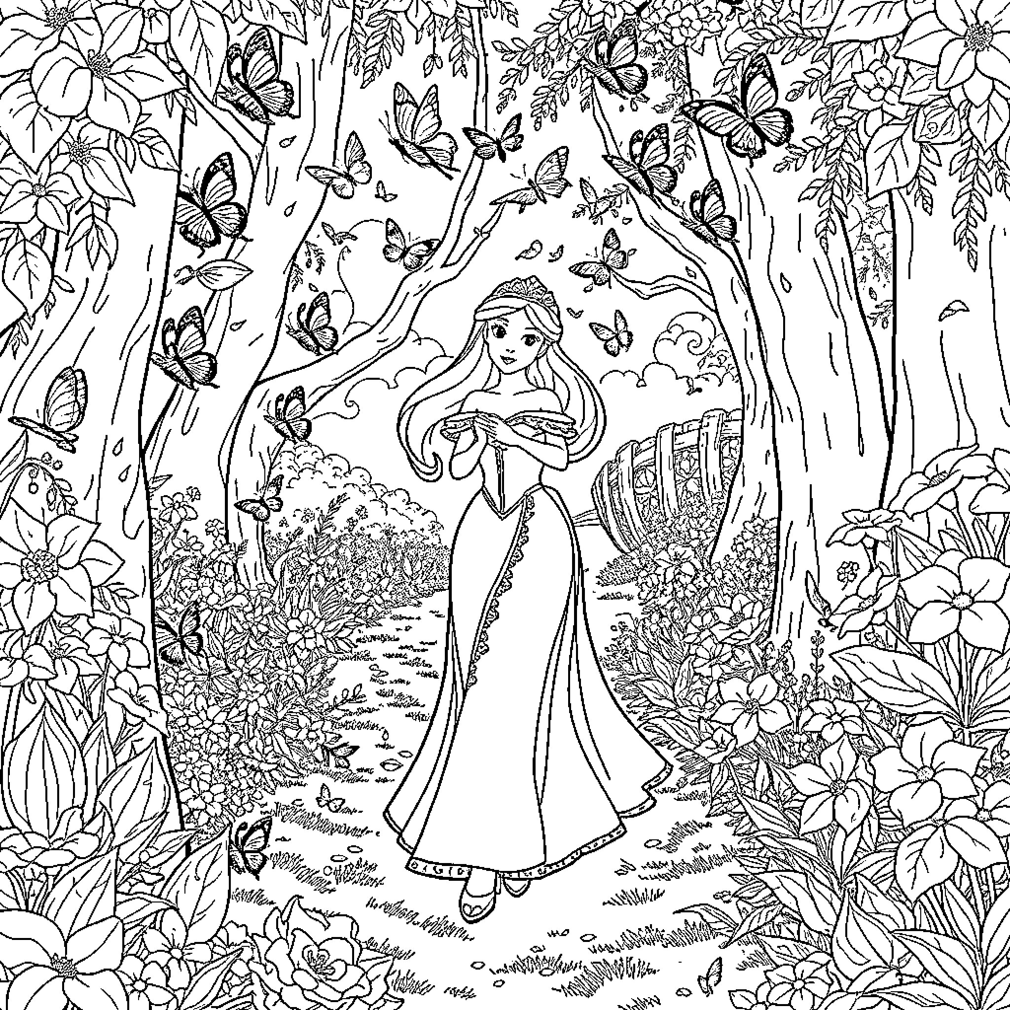 Beauty in the Enchanted Forest Coloring Page (free black-and-white line drawing printable PDF for all, from beginners to advanced learners, including children, teens, adults, and seniors)
