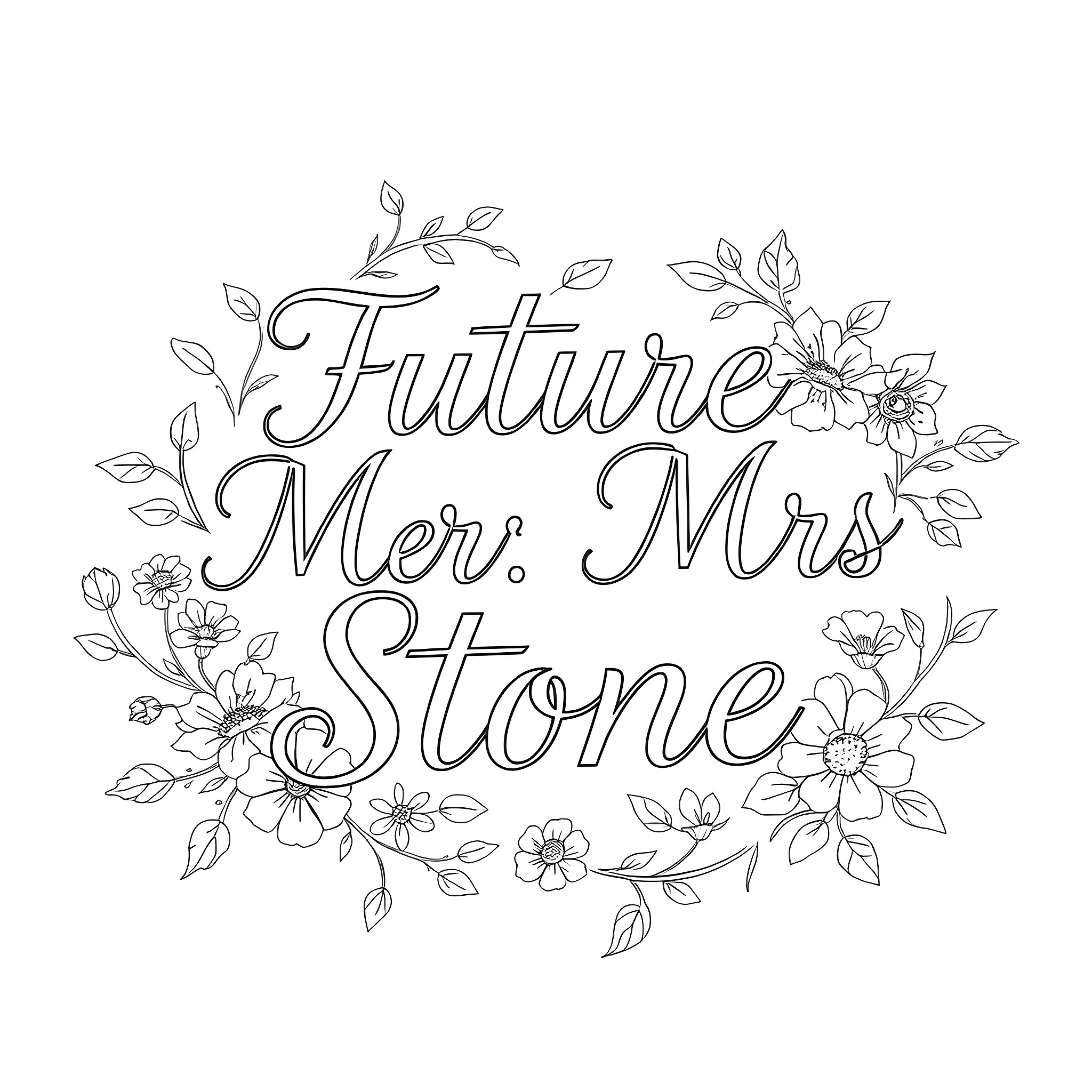 Cursive Font with Floral Design Coloring Page (free black-and-white line drawing printable PDF for all, from beginners to advanced learners, including children, teens, adults, and seniors)